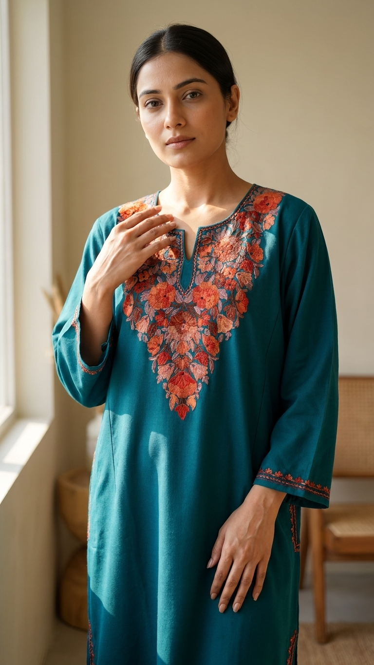 Green Aari Embroidered Wool Pheran