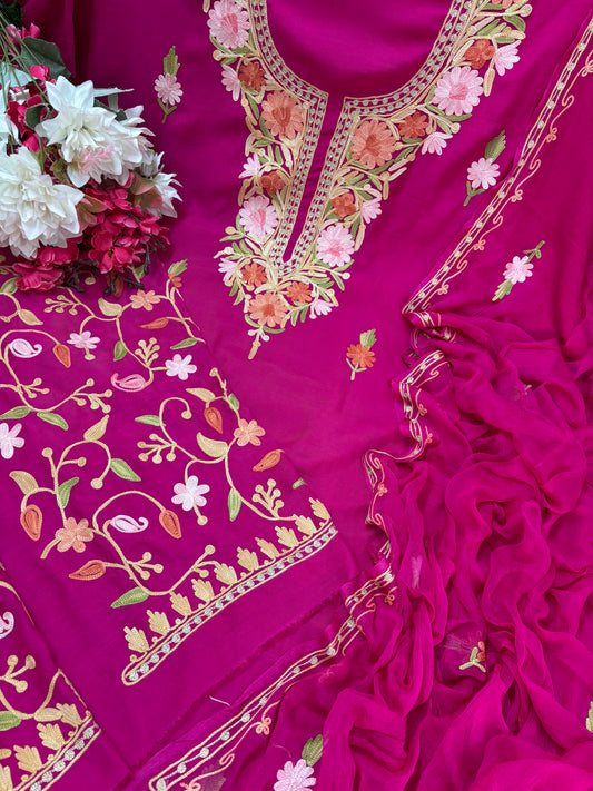 Hot Pink Muslin Cotton Jaal Sleeves Kashmiri 3pc Suit