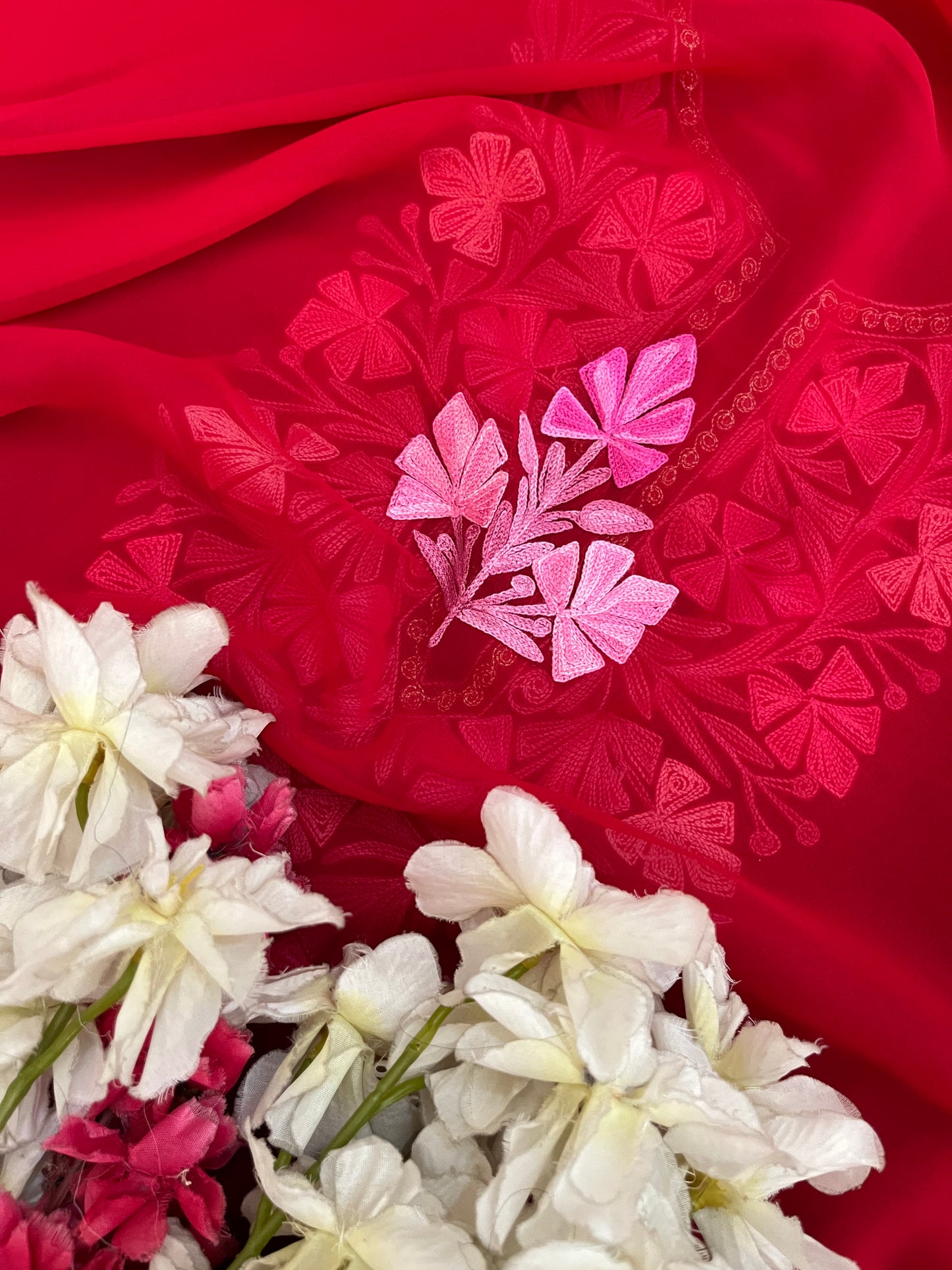 Red Georgette 3 Pc Aari Embroidered Suit Set
