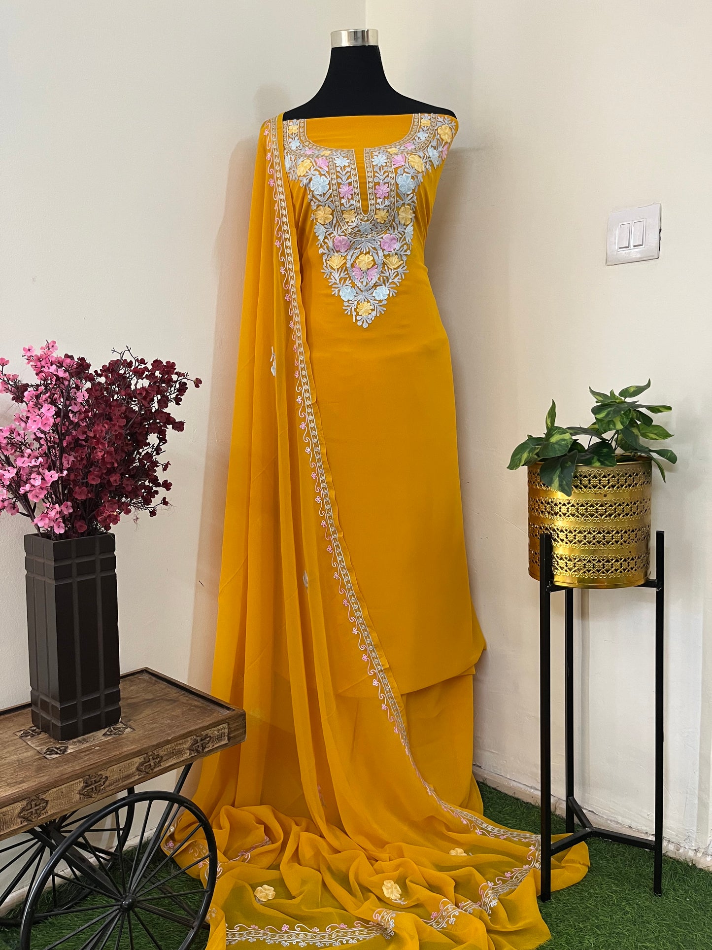 Mustard Georgette 3 Pc Aari Embroidered Suit Set