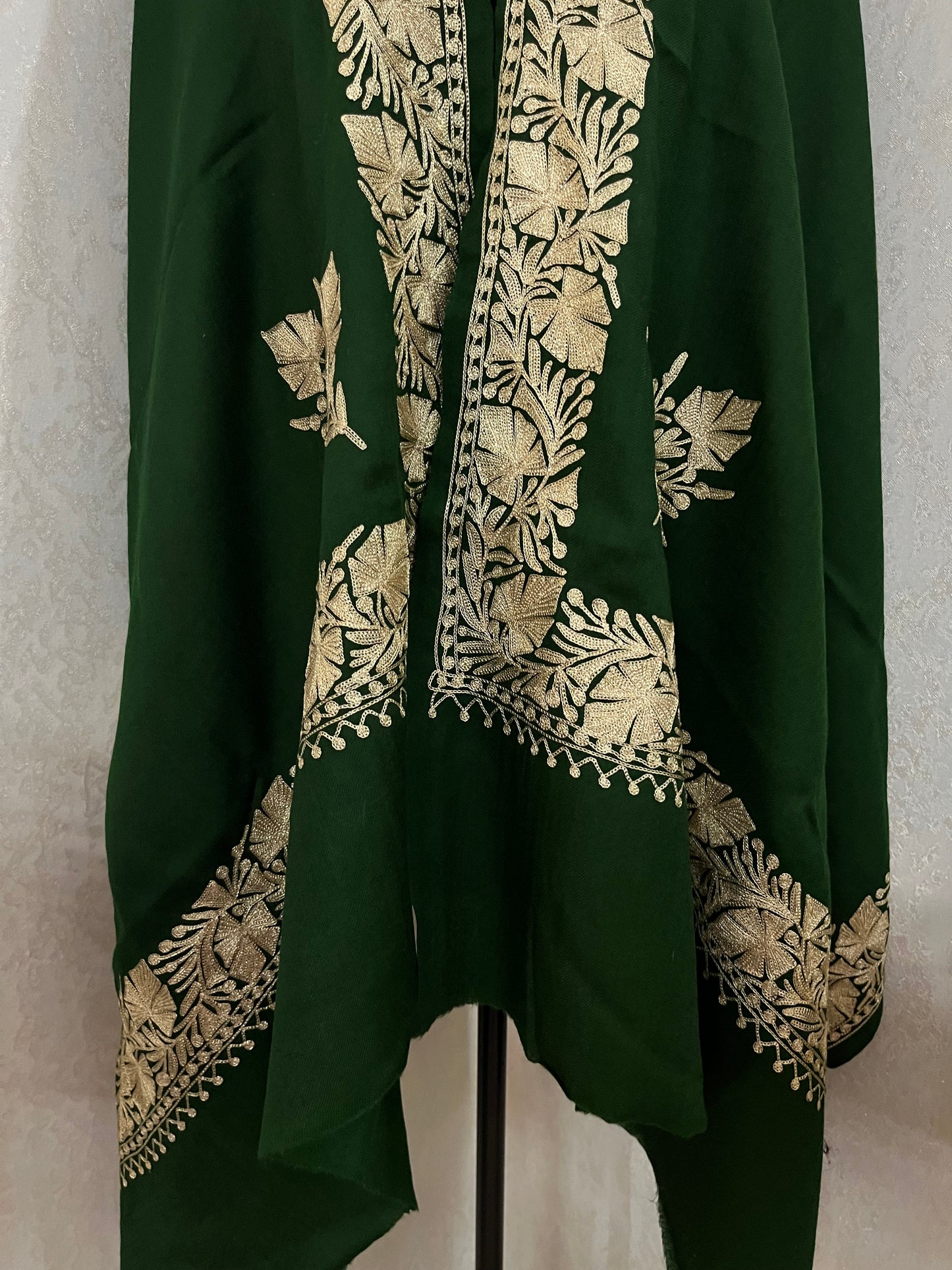 Bottle Green Semi Pashmina Tilla Embroidered stole