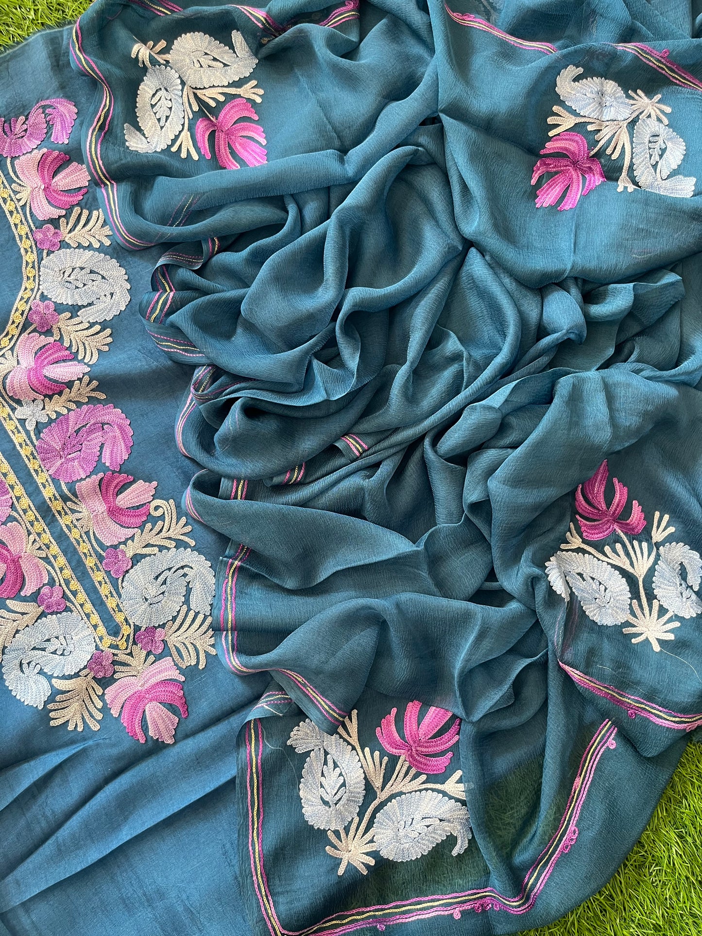 Blue Opada Silk Aari Embroidered Suit material