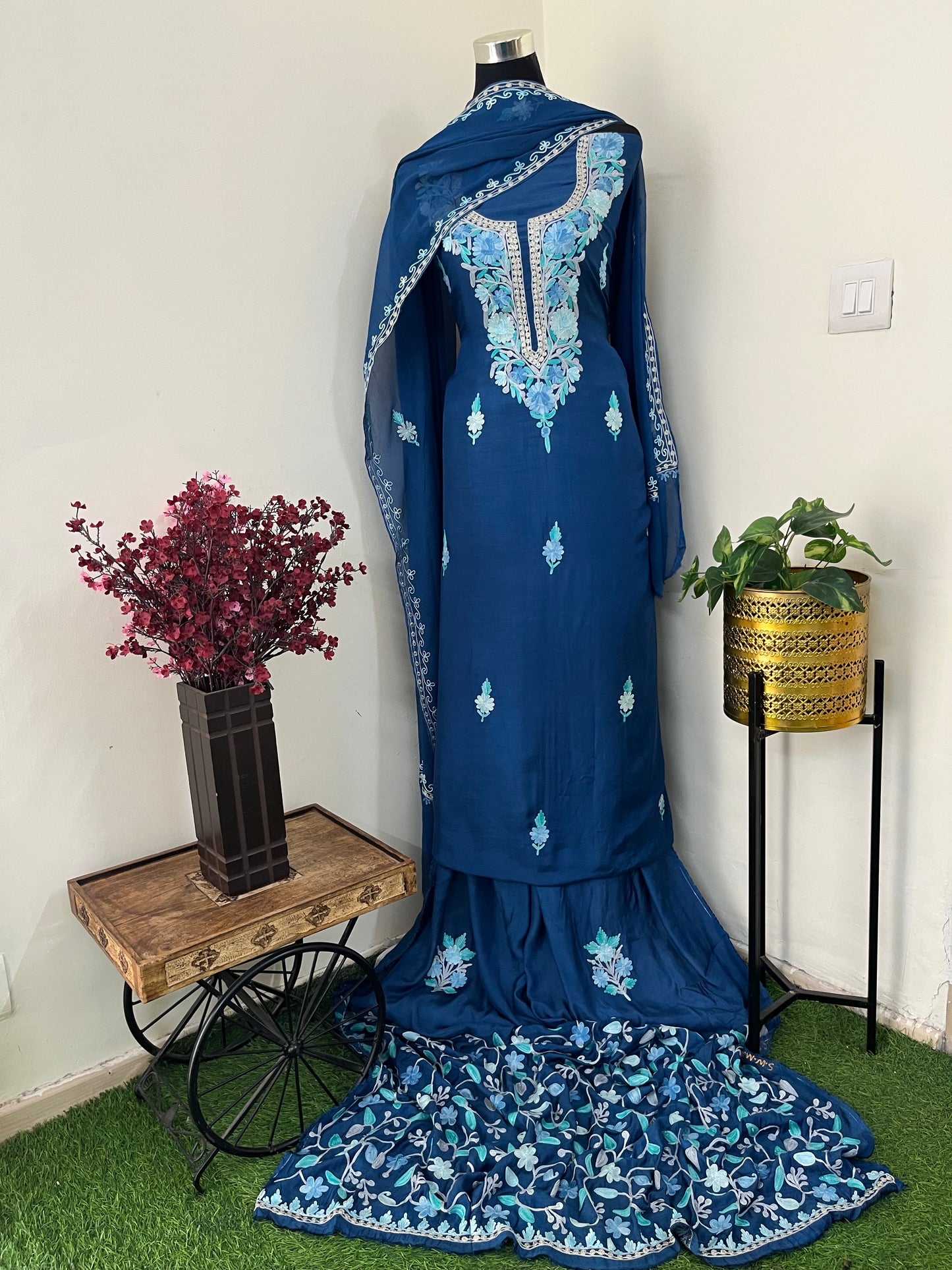 Blue  Muslin Cotton Jaal Sleeves Kashmiri 3pc Suit