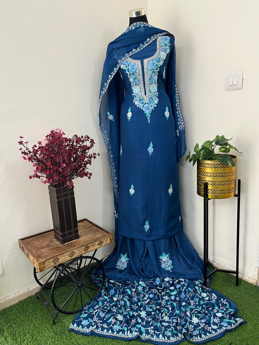 Blue  Muslin Cotton Jaal Sleeves Kashmiri 3pc Suit