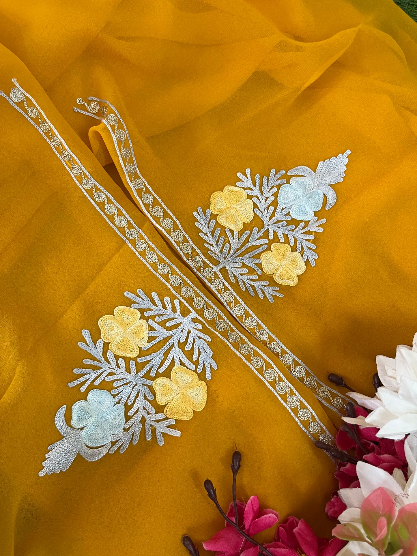 Mustard Georgette 3 Pc Aari Embroidered Suit Set