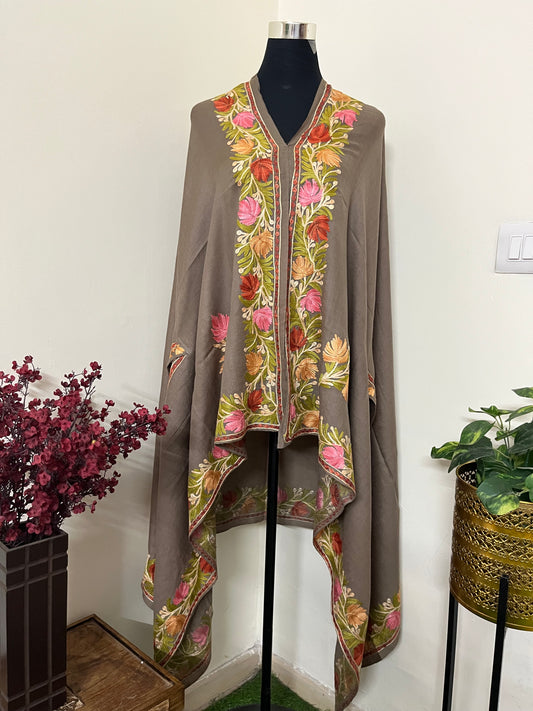 Beige Aari Embroidered Pure Wool Cape