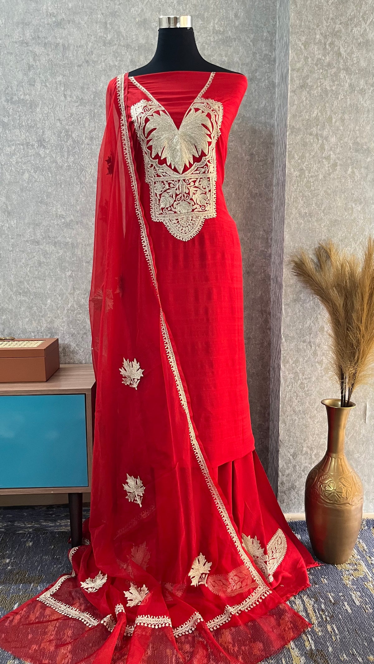 Red Silk Tilla Embroidered Suit