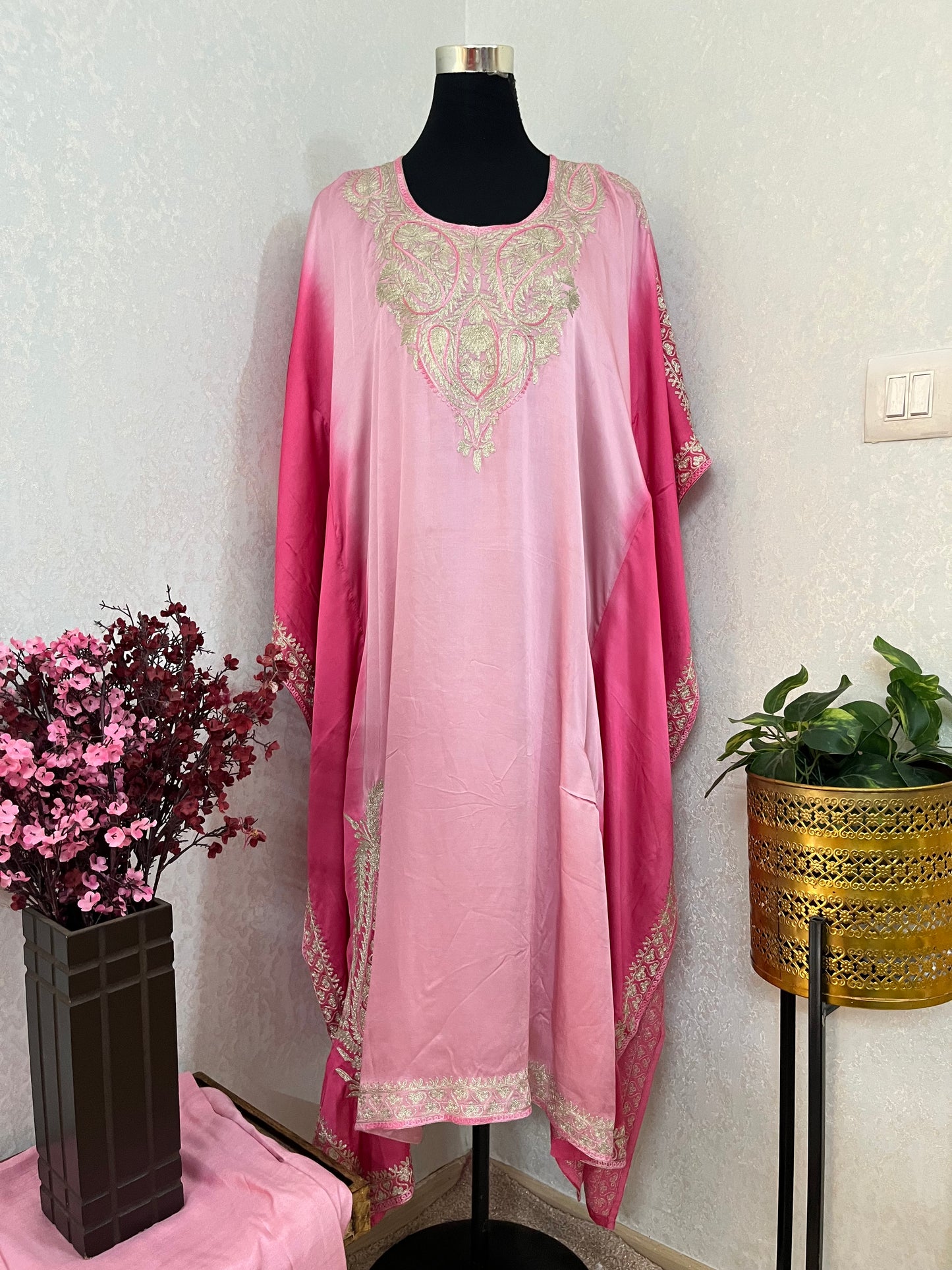 Pink Pure Crape Kashmiri Kaftan