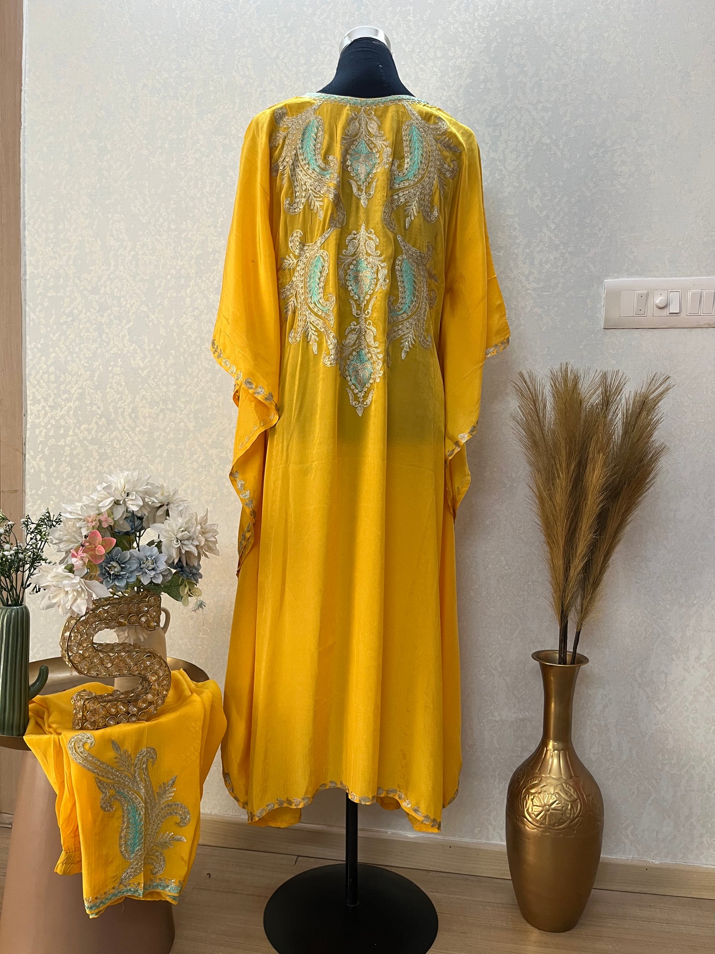 Yellow Crape Front Back Kashmiri Kaftan Set