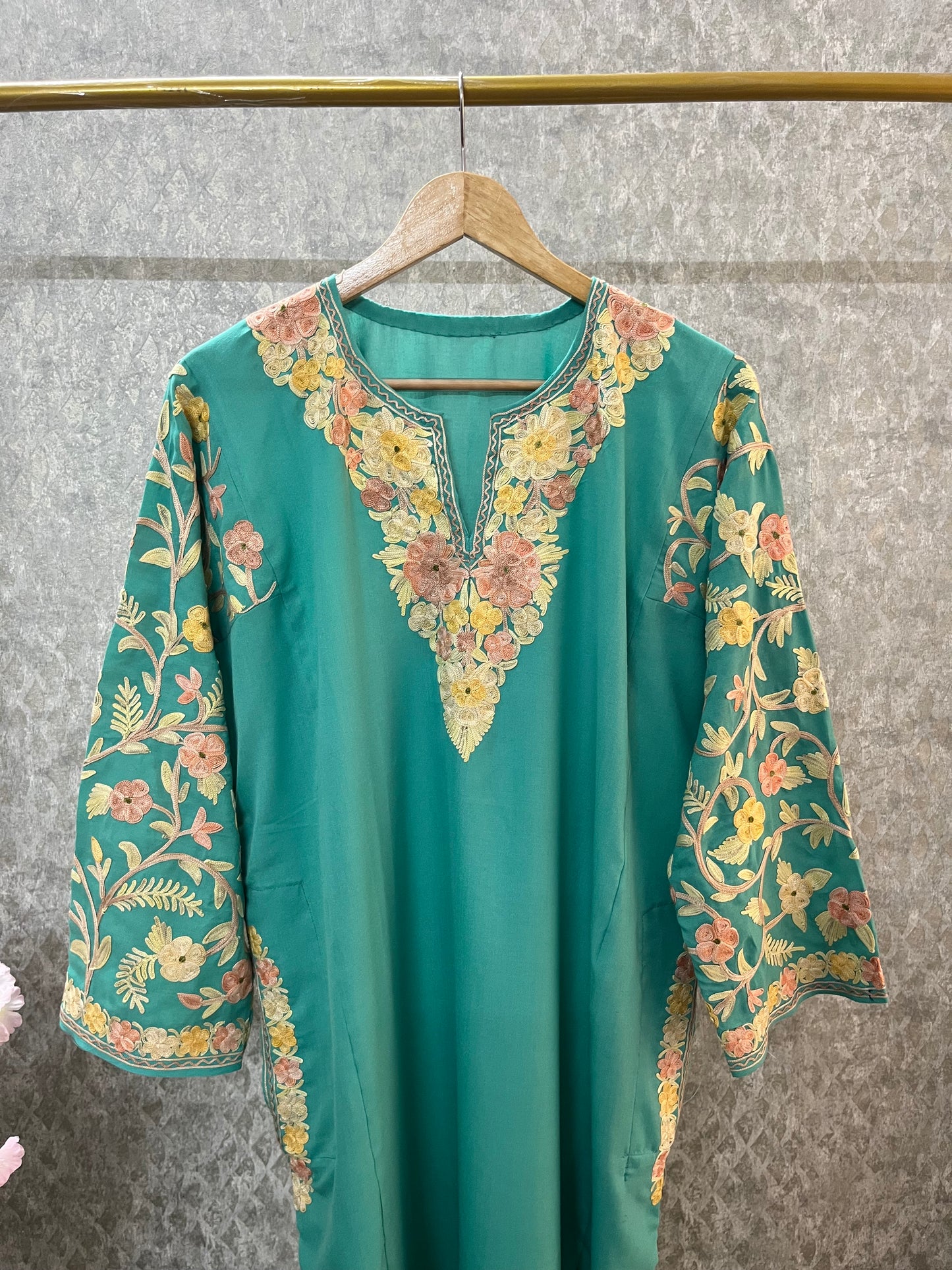 Jade Green Cotton Aari Work Pheran