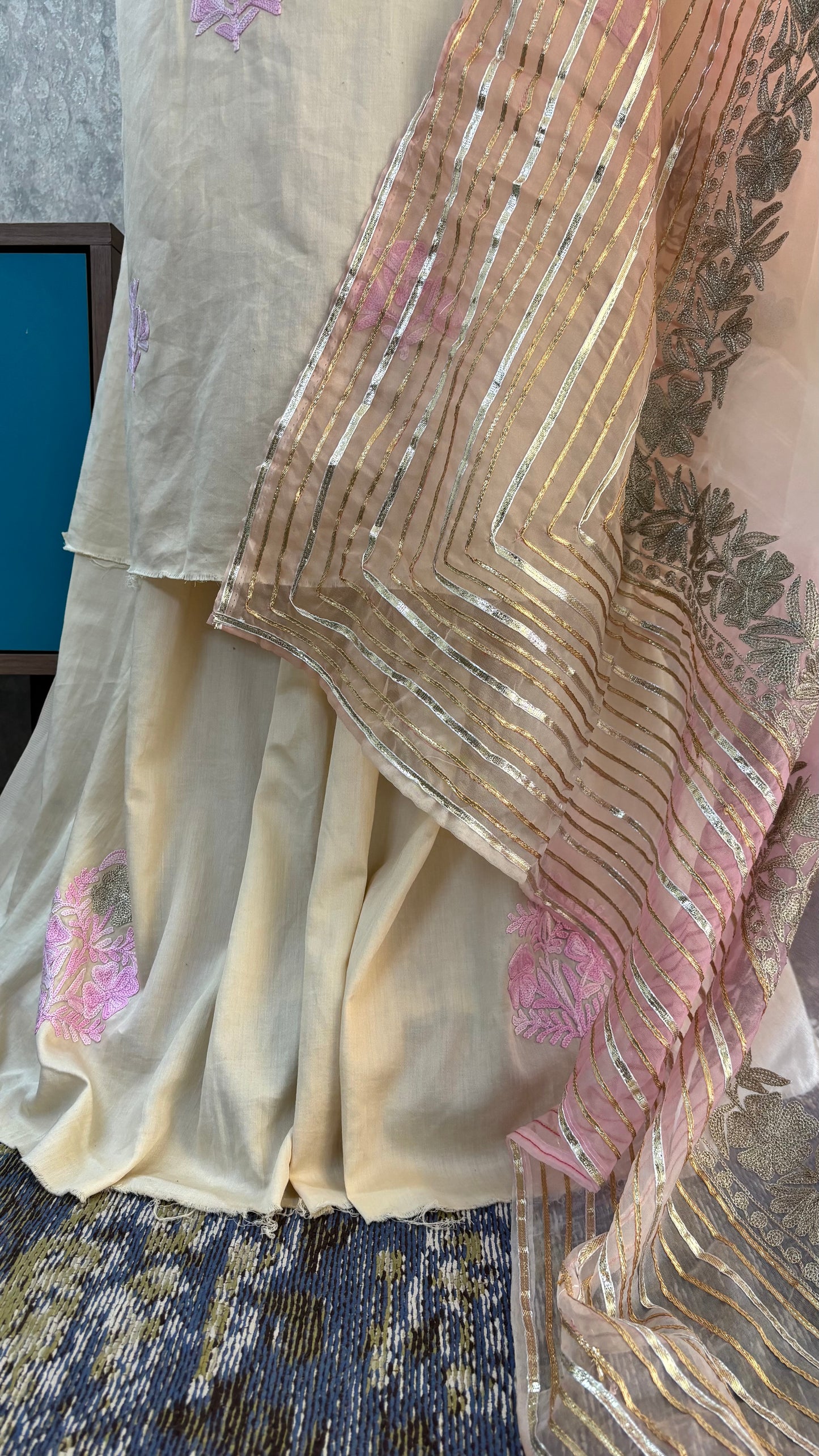 Ivory Satin Cotton Kashmiri Suit