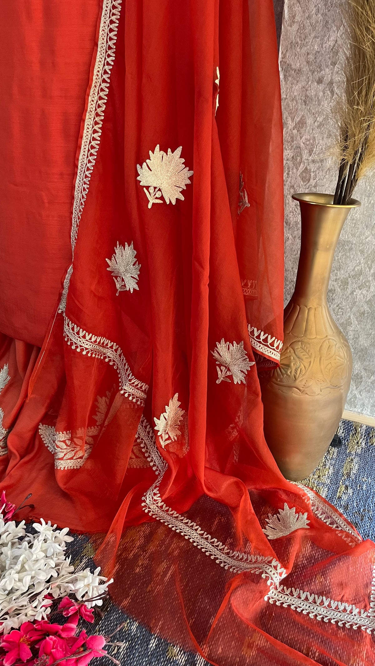 Orange Silk Tilla Embroidered Suit