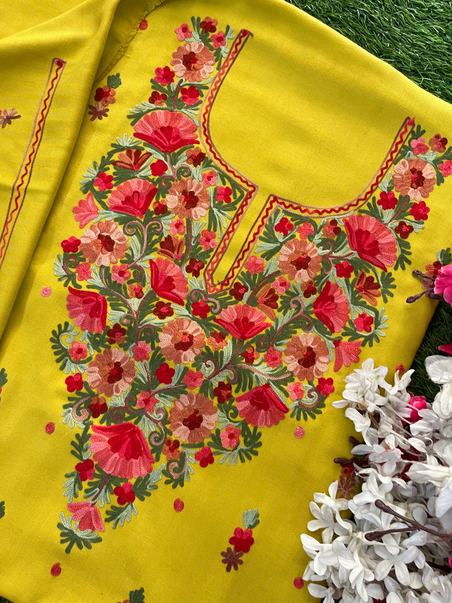 Lemon Green Woollen Aari Embroidered 3pc suit