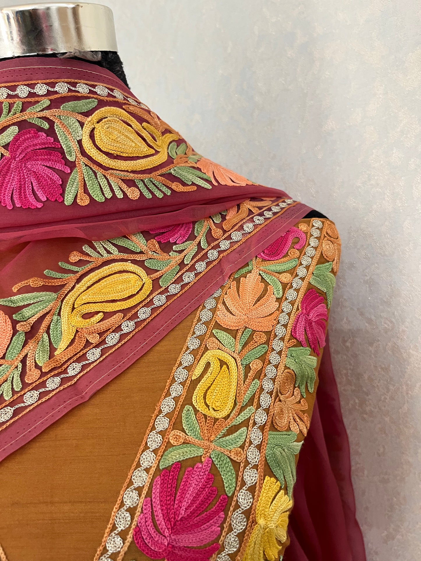 Soft Brown Chanderi Silk Kashmiri Suit