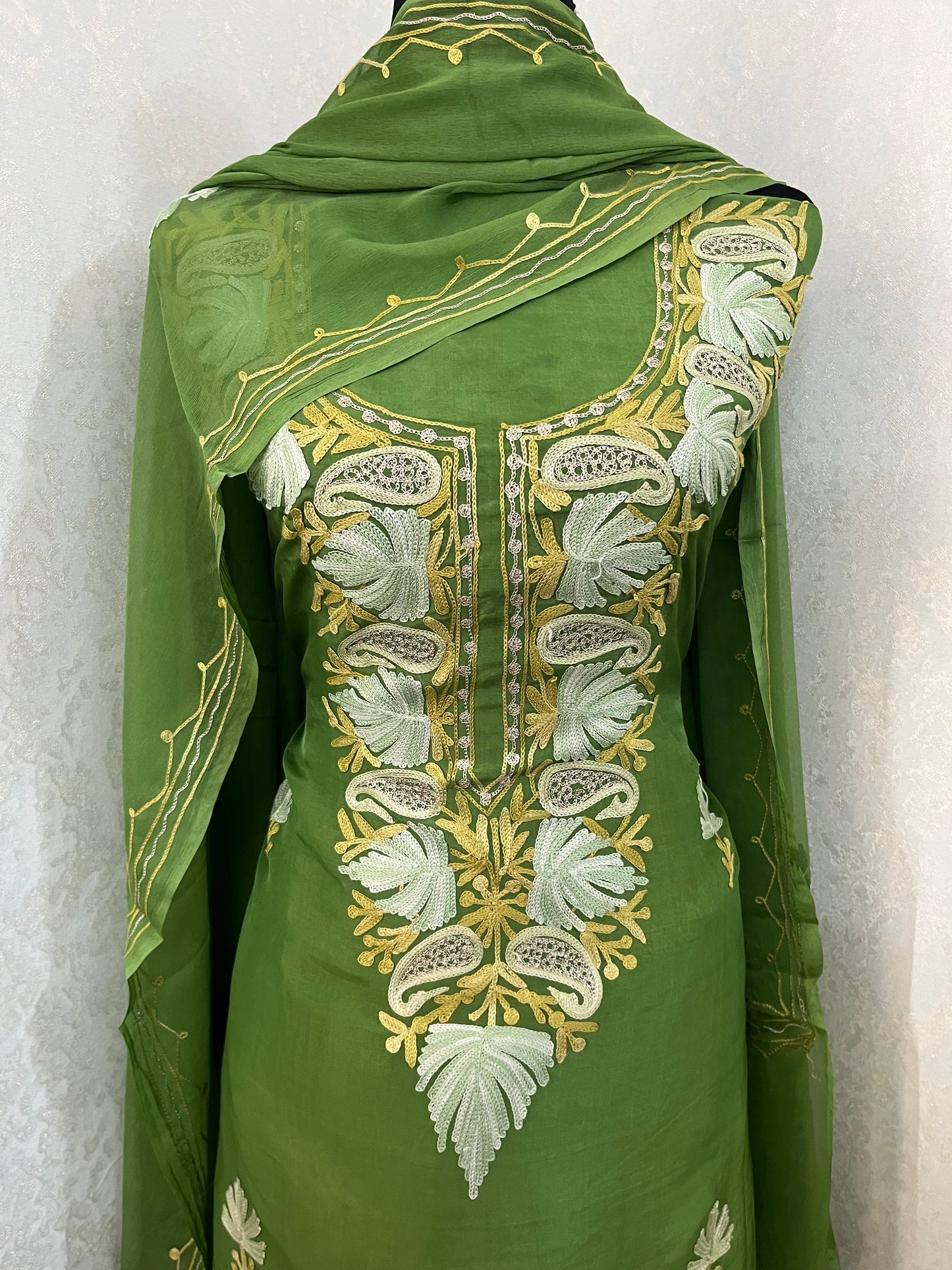 Lawn Green Opada Silk Kashmiri Suits