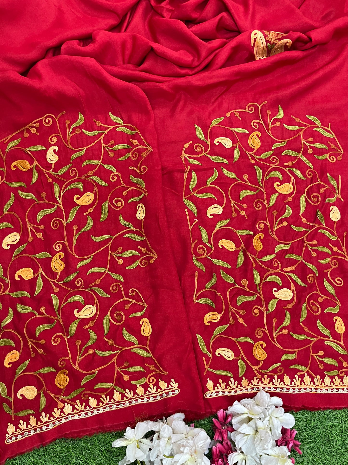 Red Muslin Cotton Jaal Sleeves Kashmiri 3pc Suit