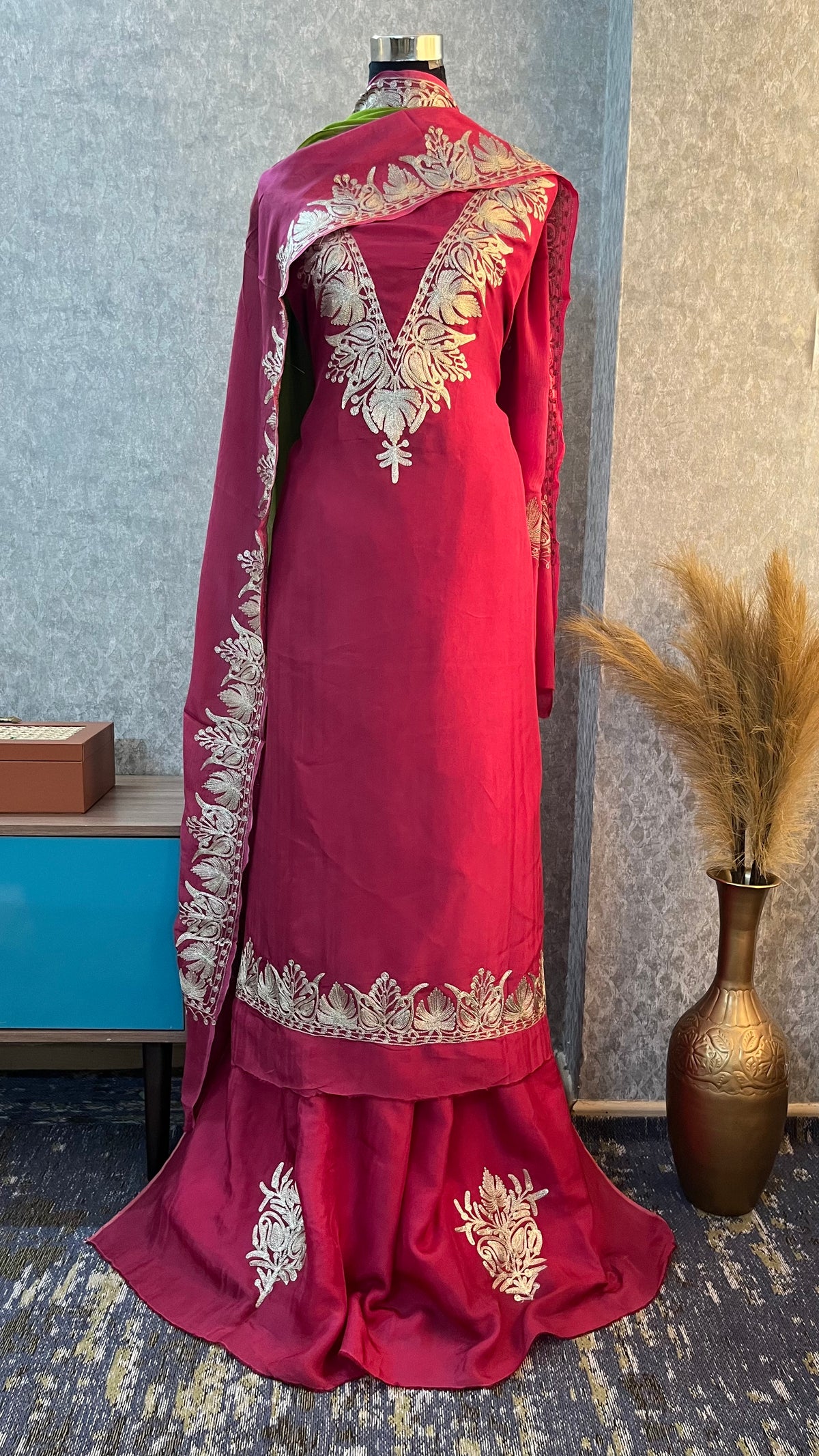 Magenta pink Sanam Silk Kashmiri Suit