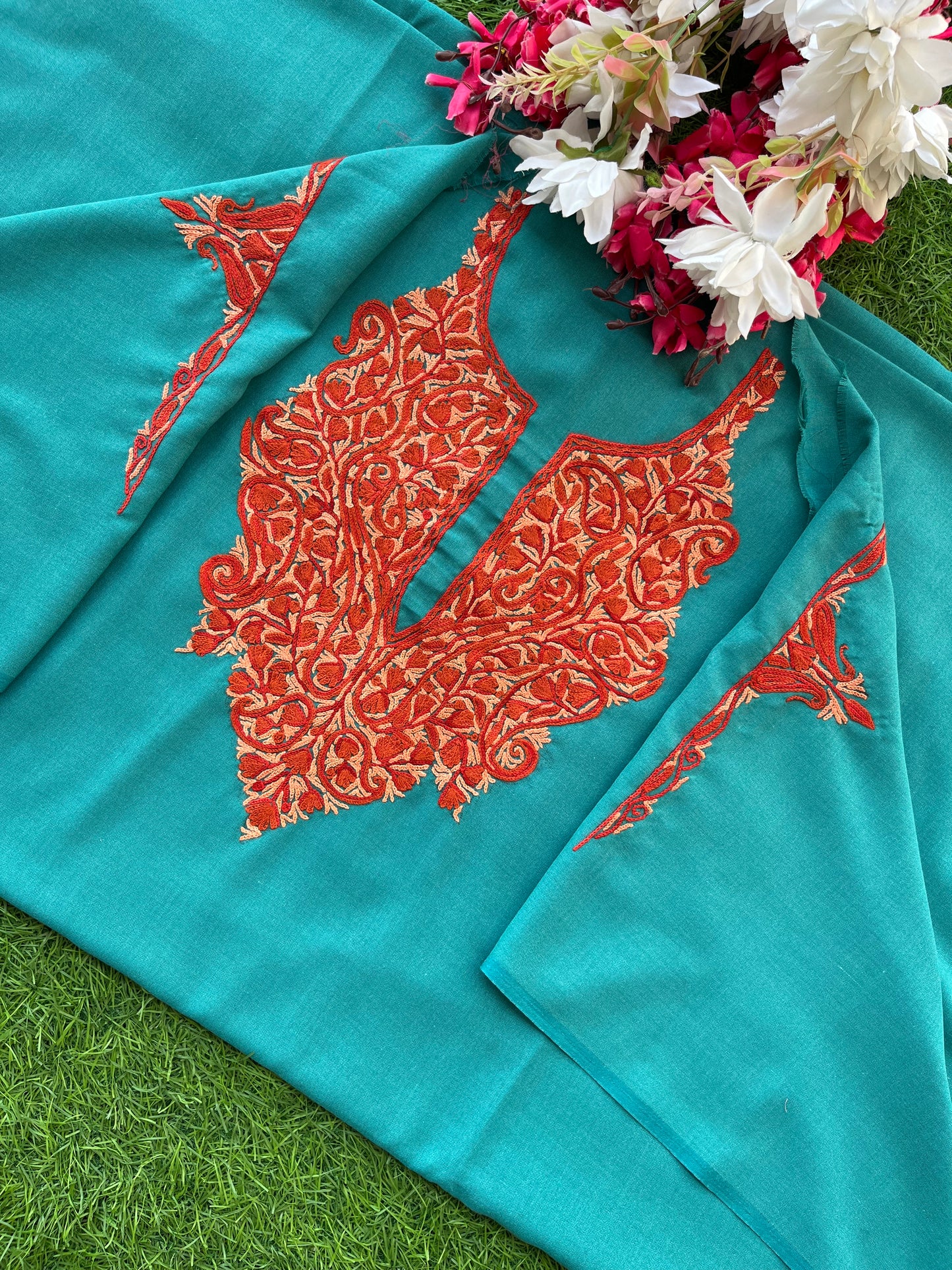 Green Cotton Two Piece Suit (Hand Embroidered)