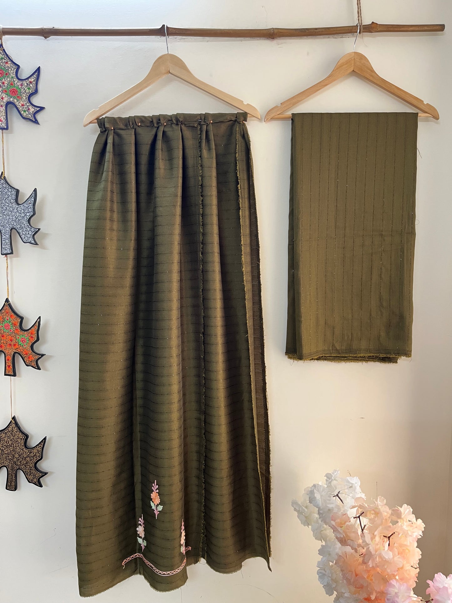 Henna Green Muslin Cotton Striped Pattern Unstitched Co-ord Set