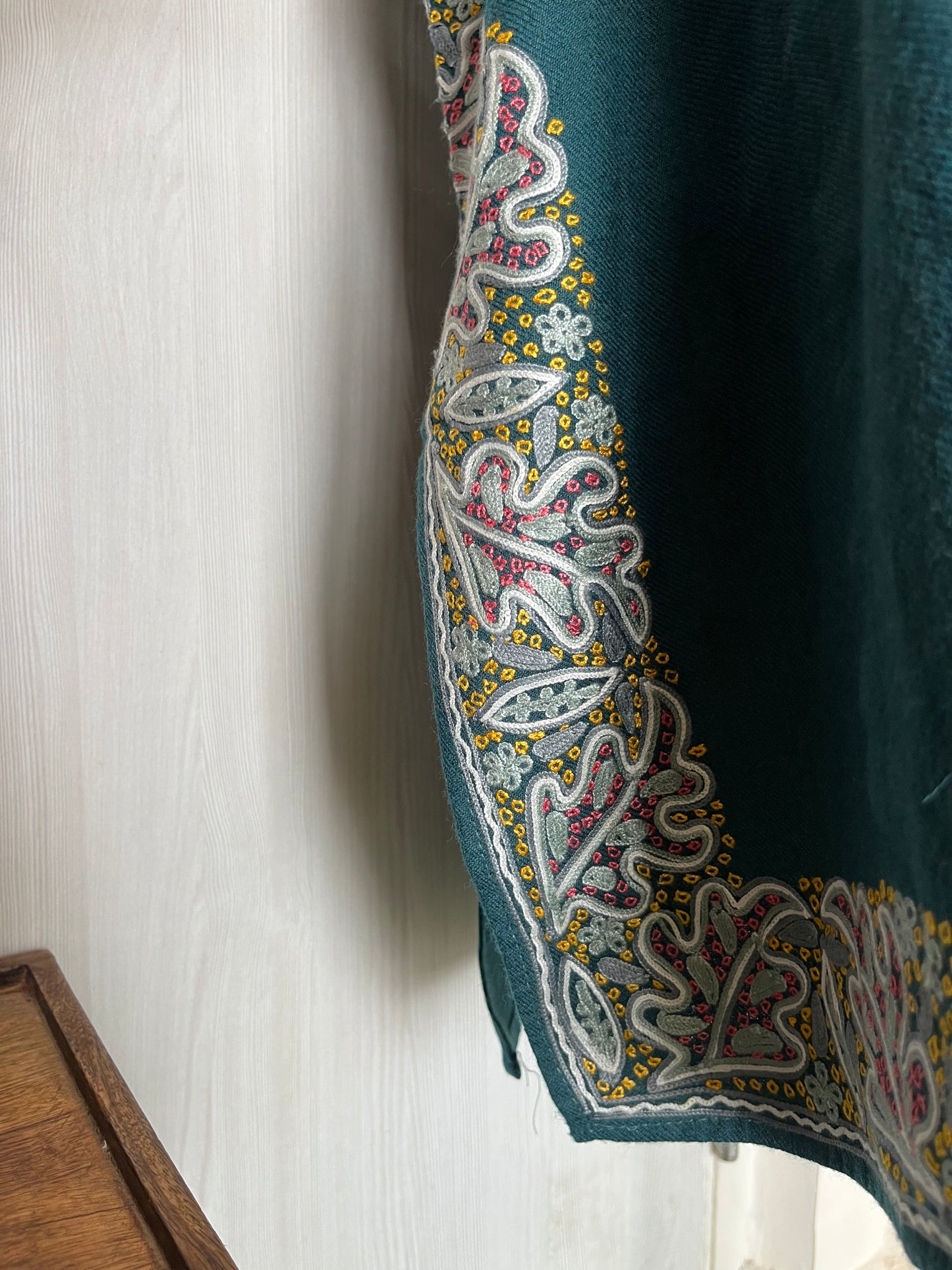 English Blue Aari and Sozni Hand Embroidered Pure Wool Pheran