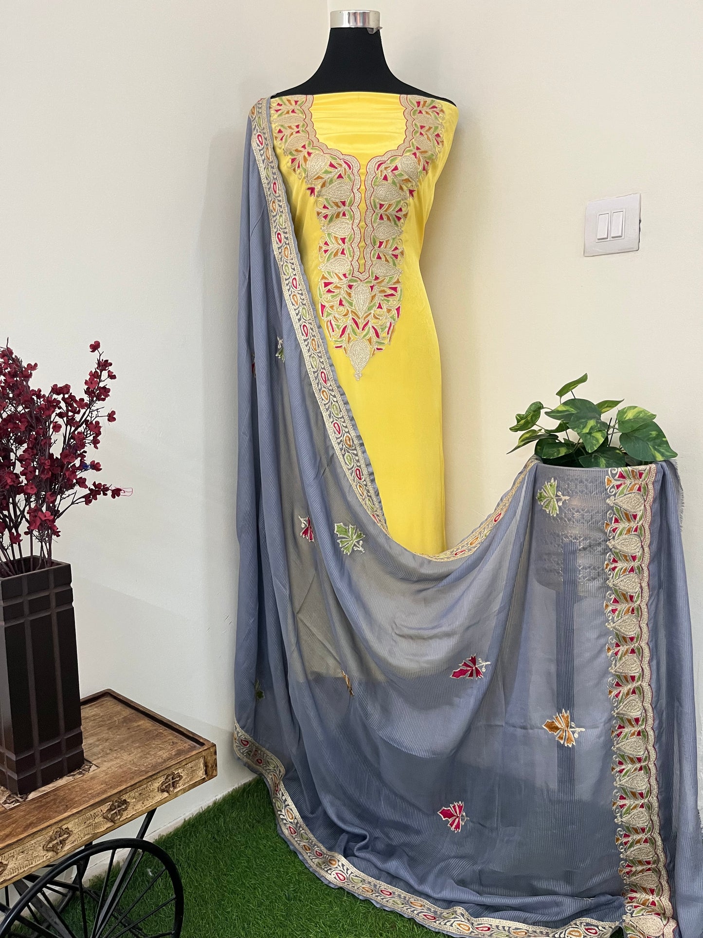 ‘Kalaa’ Lemon Yellow Crape Kashmiri Suit