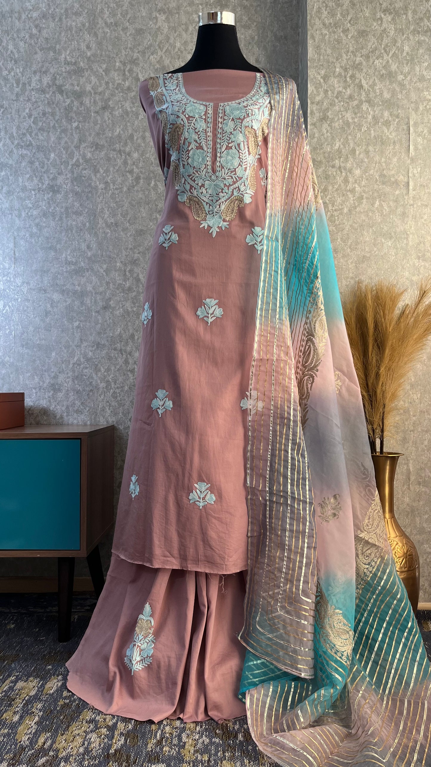 Onion Pink Satin Cotton Kashmiri Suit