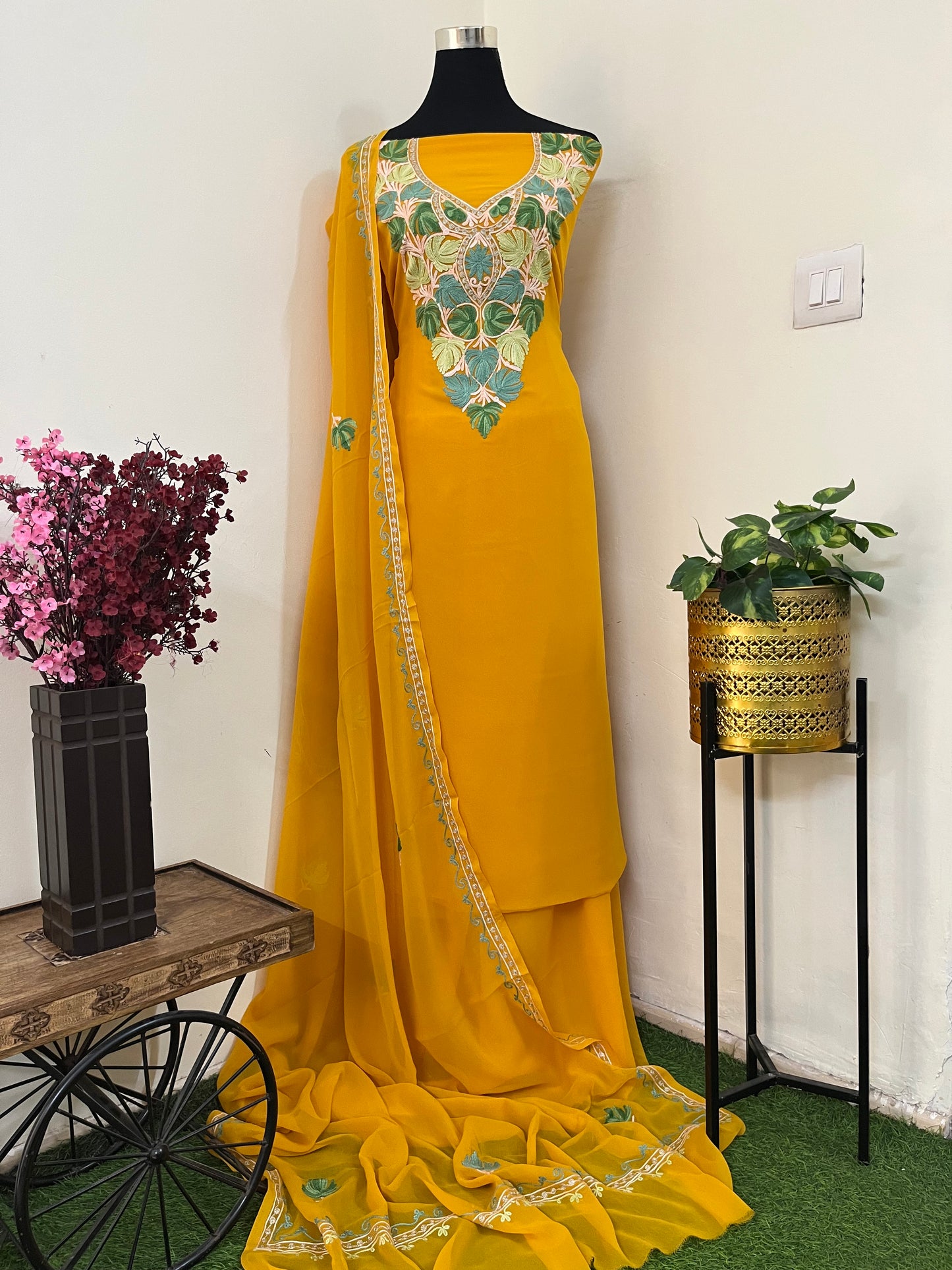 Mustard Georgette 3 Pc Aari Embroidered Suit Set