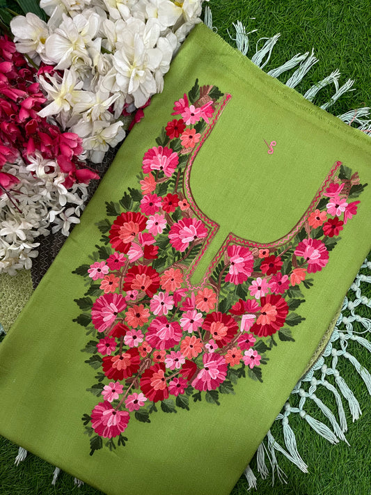 Pista Green Woollen Aari Embroidered 2pc suit 5mtr