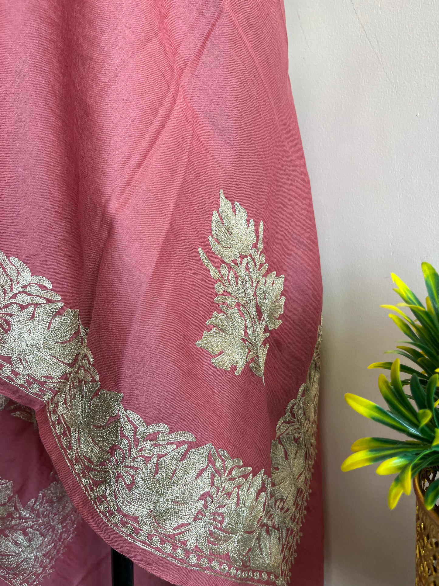 Onion Pink Fine Semi Pashmina Tilla Embroidered stole