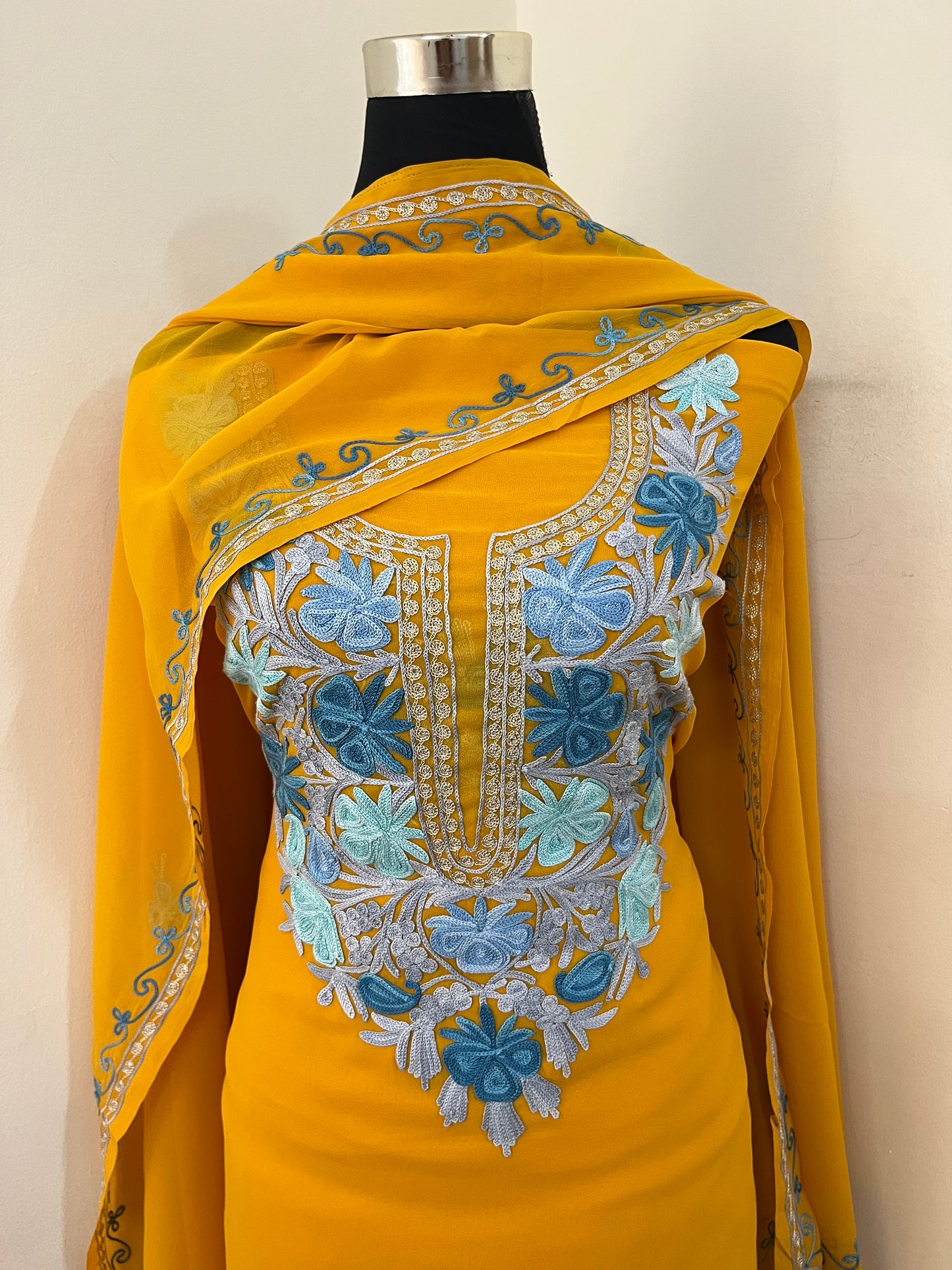 Mustard Georgette 3 Pc Aari Embroidered Suit Set