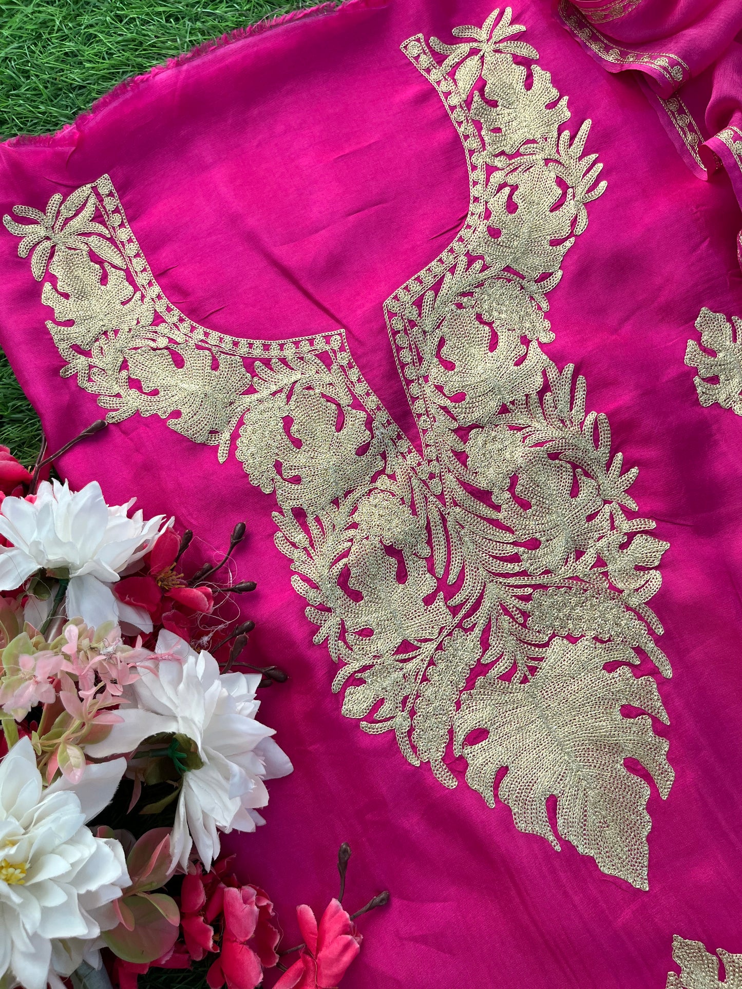 Hot Pink Silk Tilla Kashmiri Suit