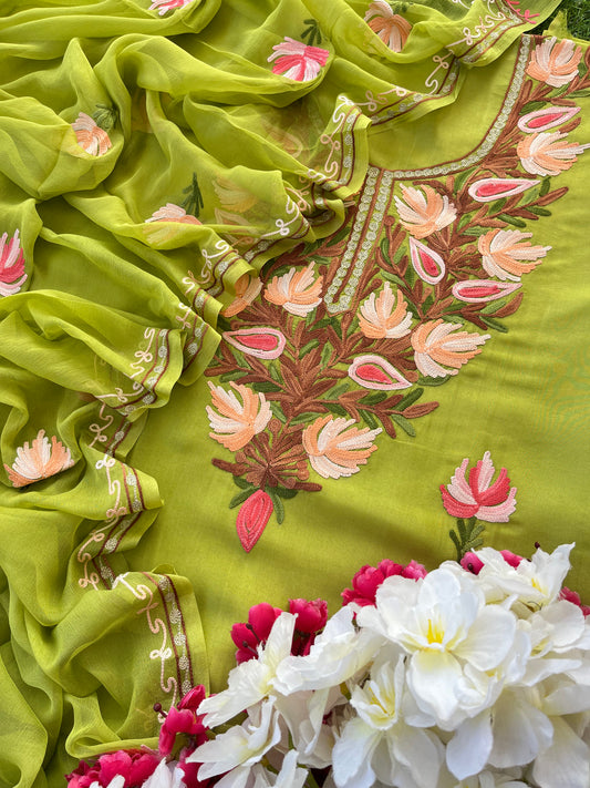 Lawn Green Opada Silk Aari Embroidered Suit material