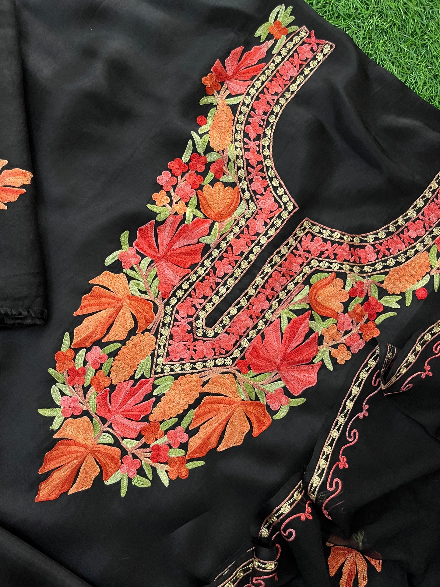 Black Opada Silk Aari Embroidered Suit material