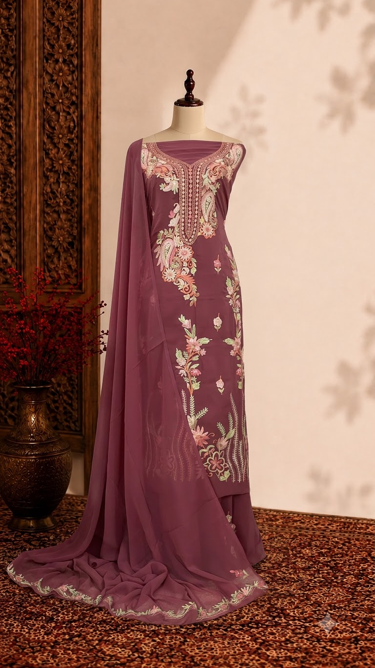 Onion Pink Georgette 3 Pc Kashmiri Suit