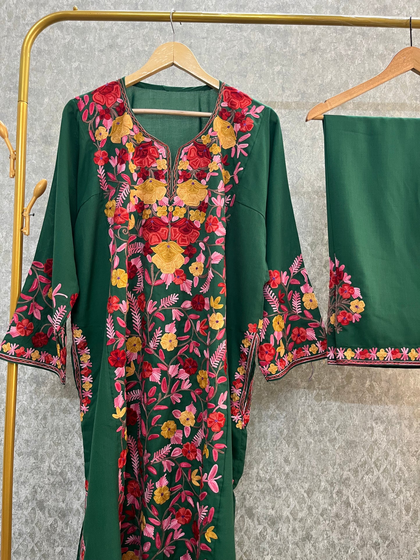 Bottle Green Cotton Front Jaal Pheran Set  Size(46)