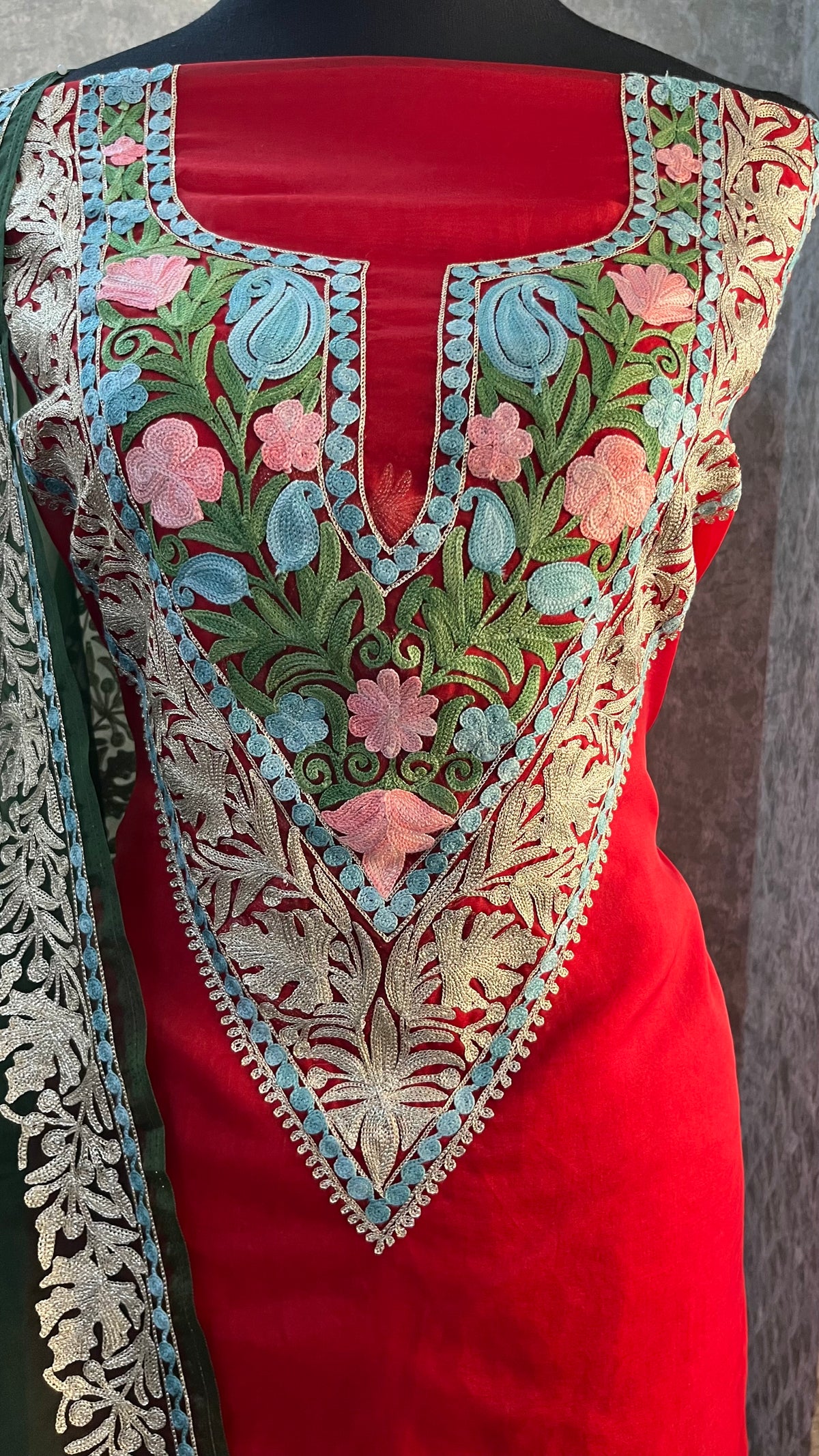 Red Soft Tissue Kashmiri Suit