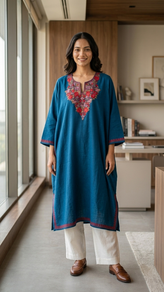 Peacock Blue Aari Embroidered Wool Pheran