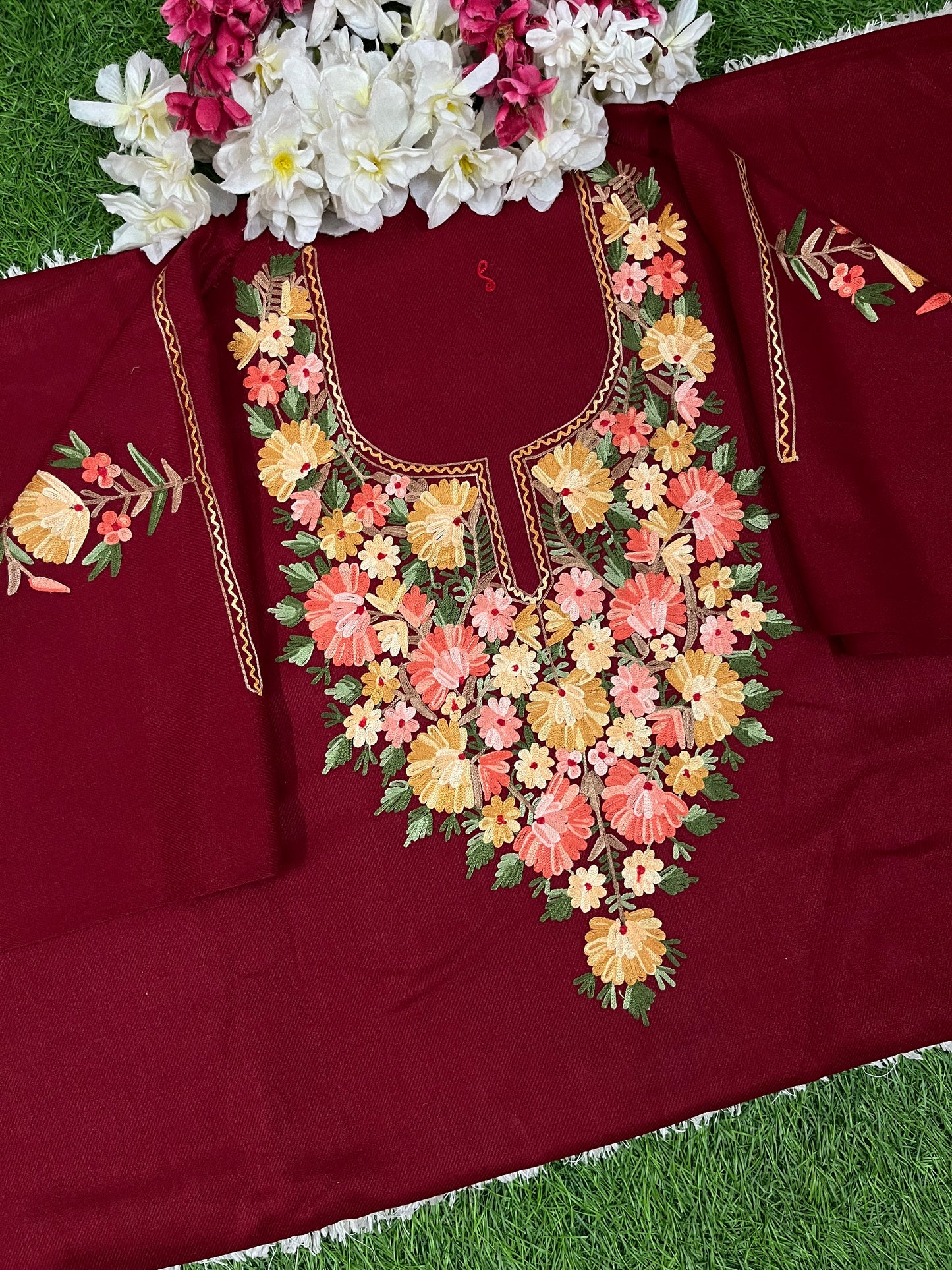 Maroon Woollen Aari Embroidered 2pc suit 5mtr