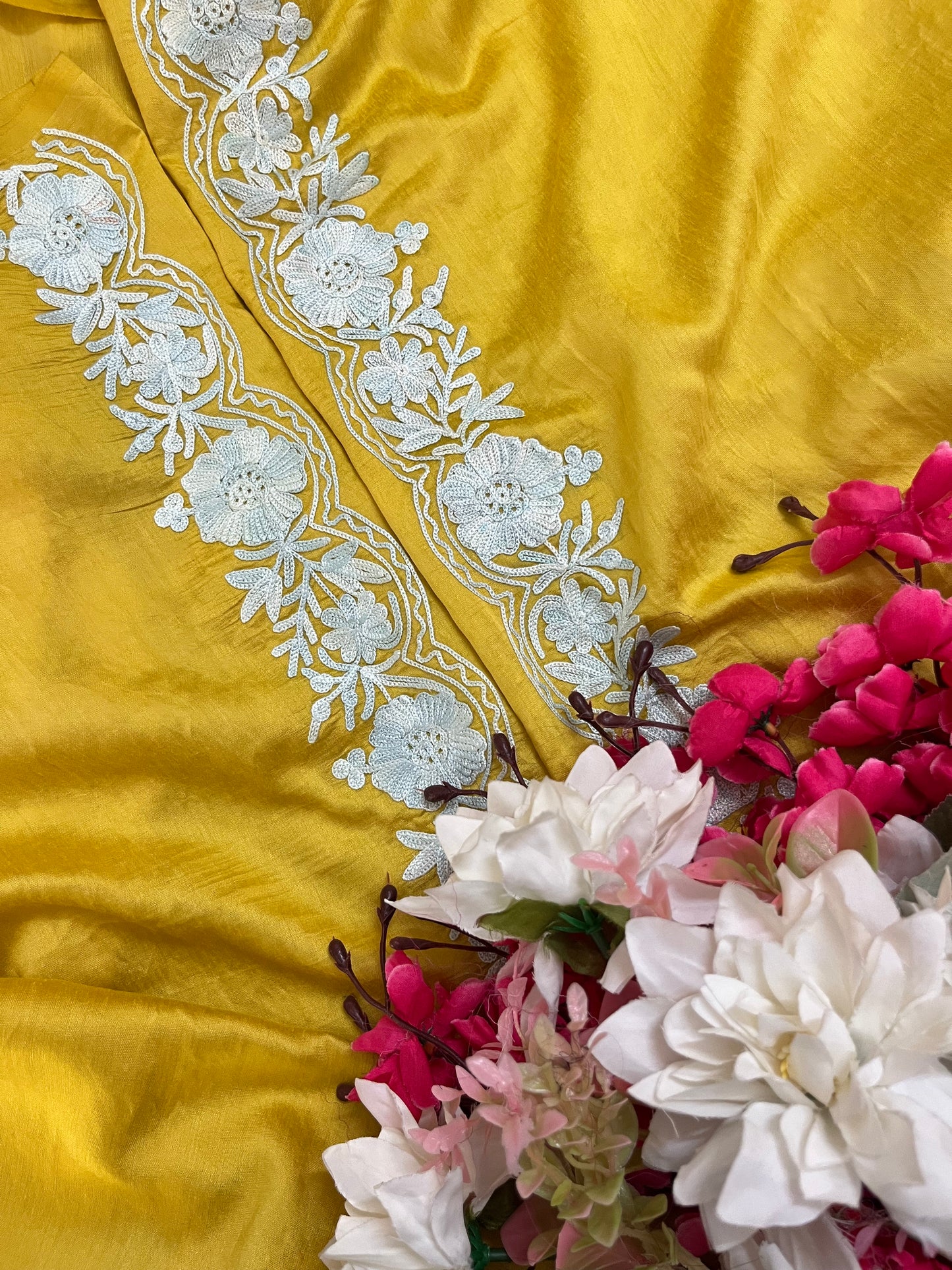 Golden Yellow Chanderi Silk Kashmiri Suit