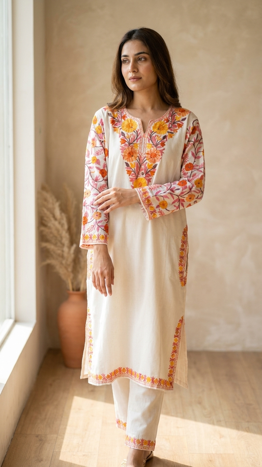 Off White Cotton Arm Jaal Pheran Set