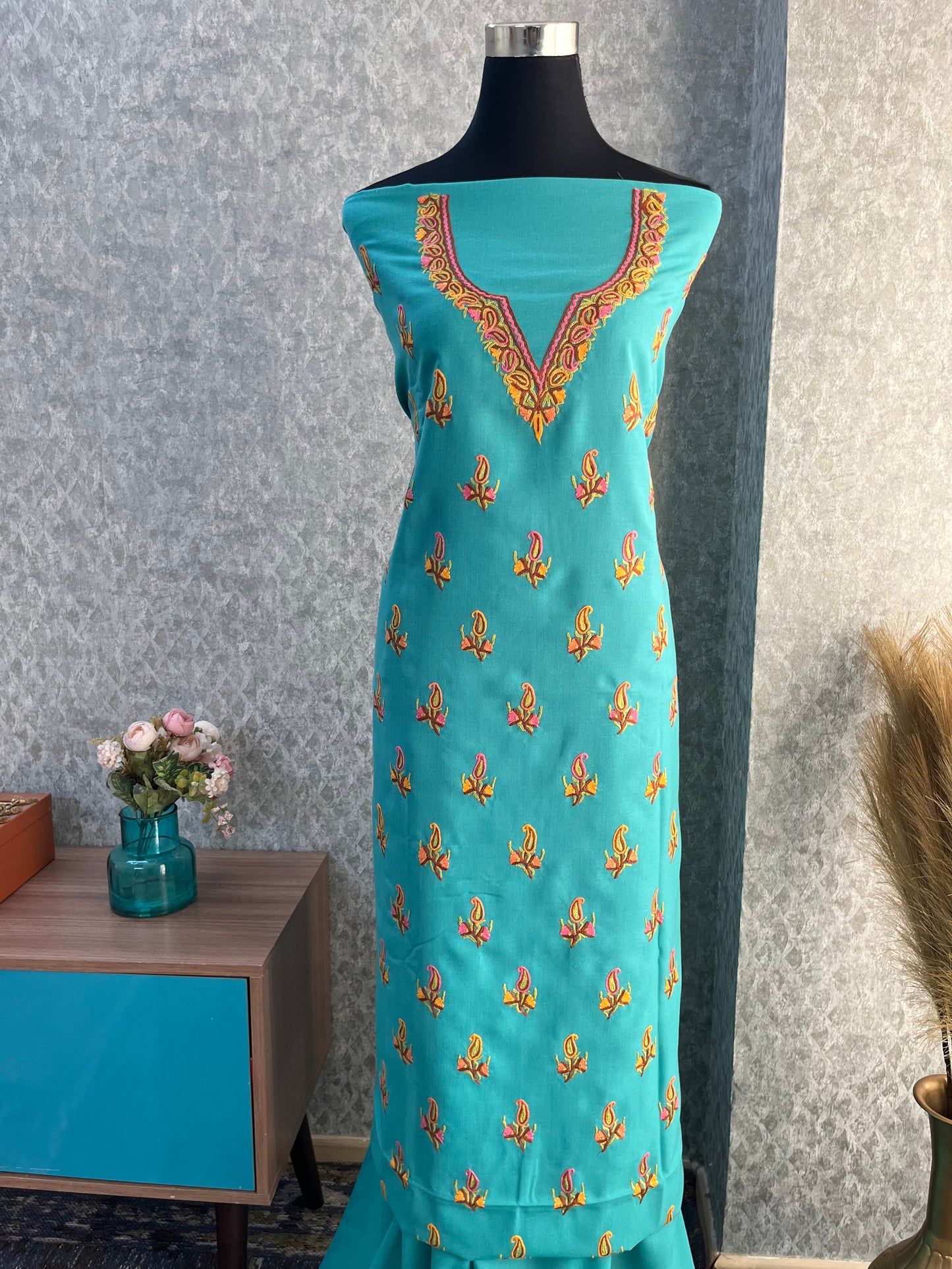 Cotton Green Two Piece Set (Hand Embroidered)