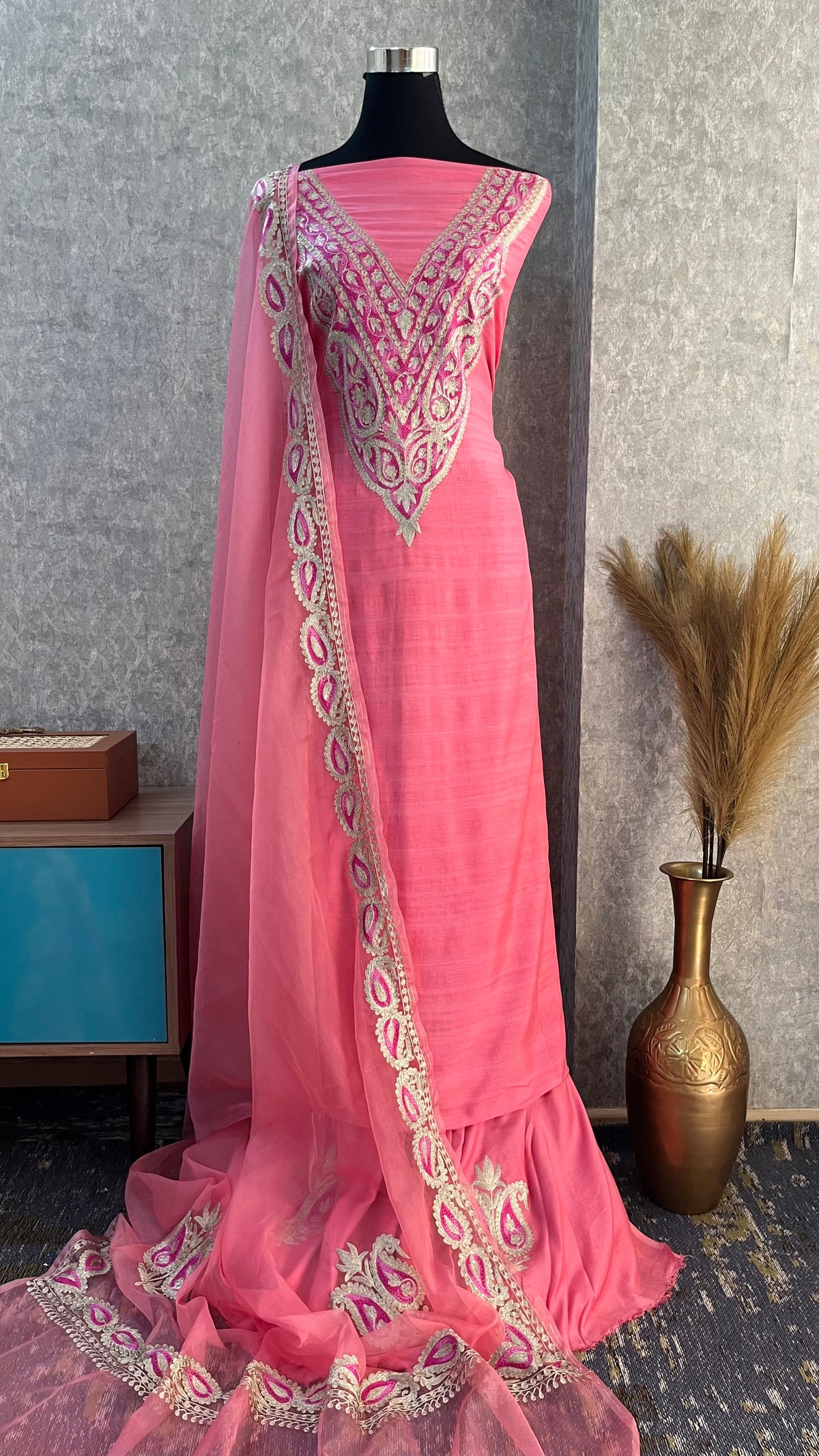 Bubbly Pink Russian Silk Kashmiri Suit
