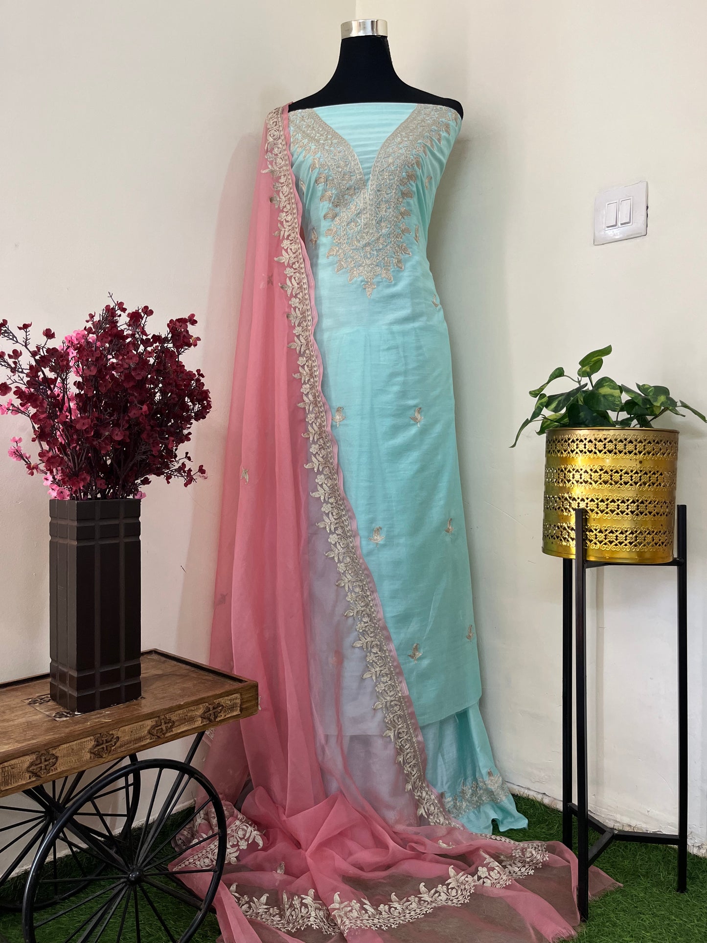 Sky Blue Chanderi Silk Kashmiri Suit