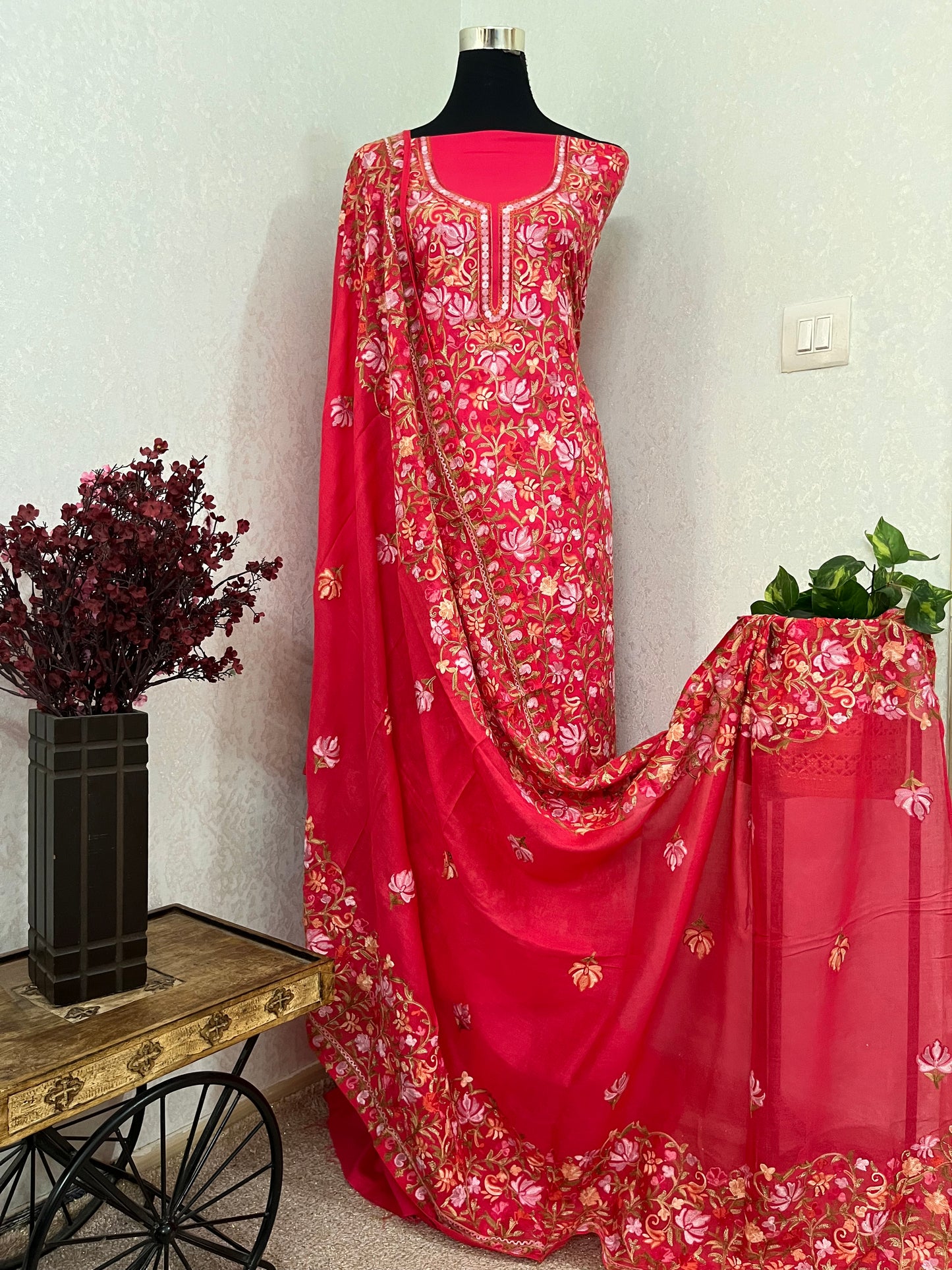 Hot Pink Cotton Kashmiri Suit
