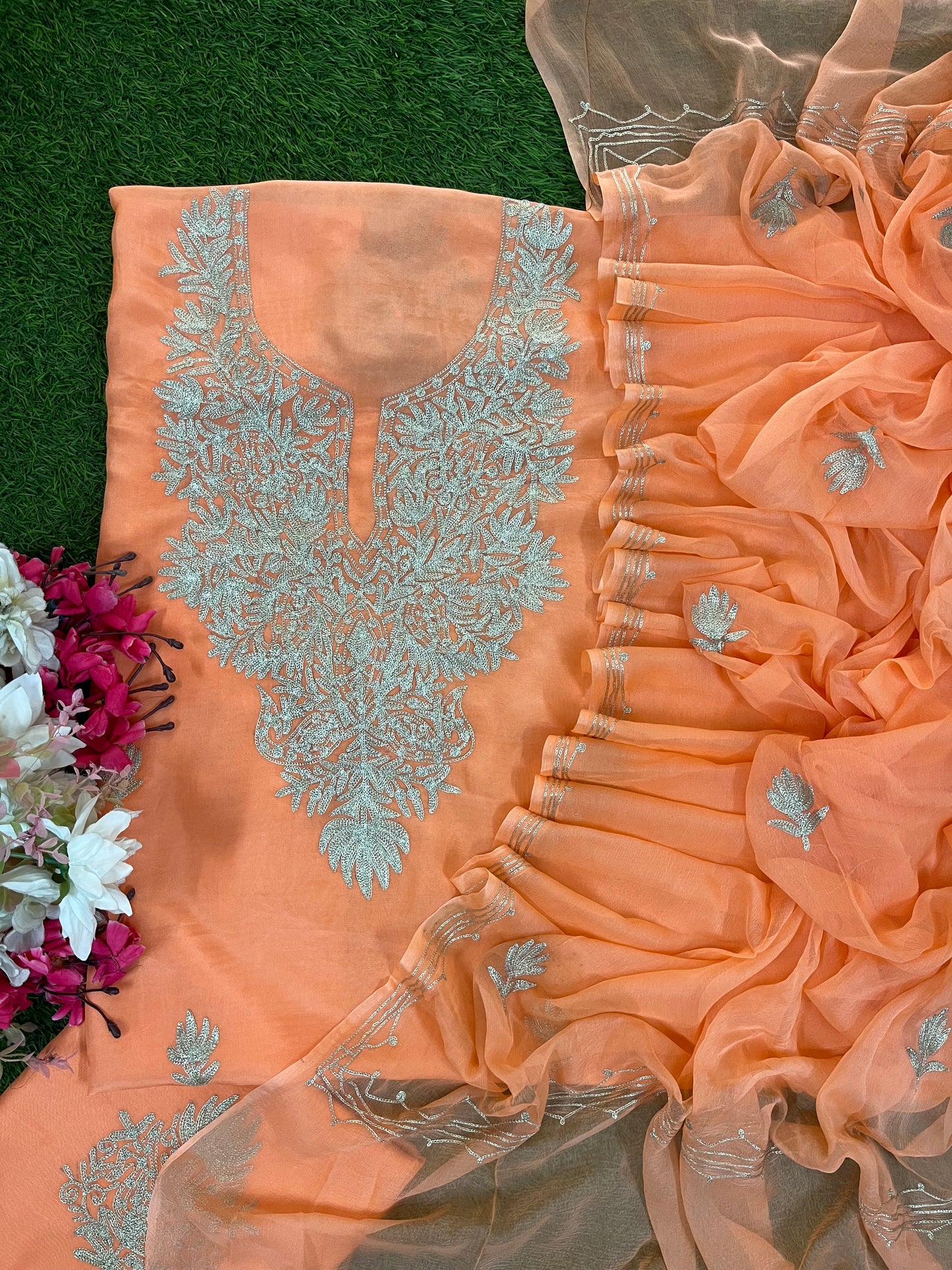 Peach Pink Silk Tilla Kashmiri Suit