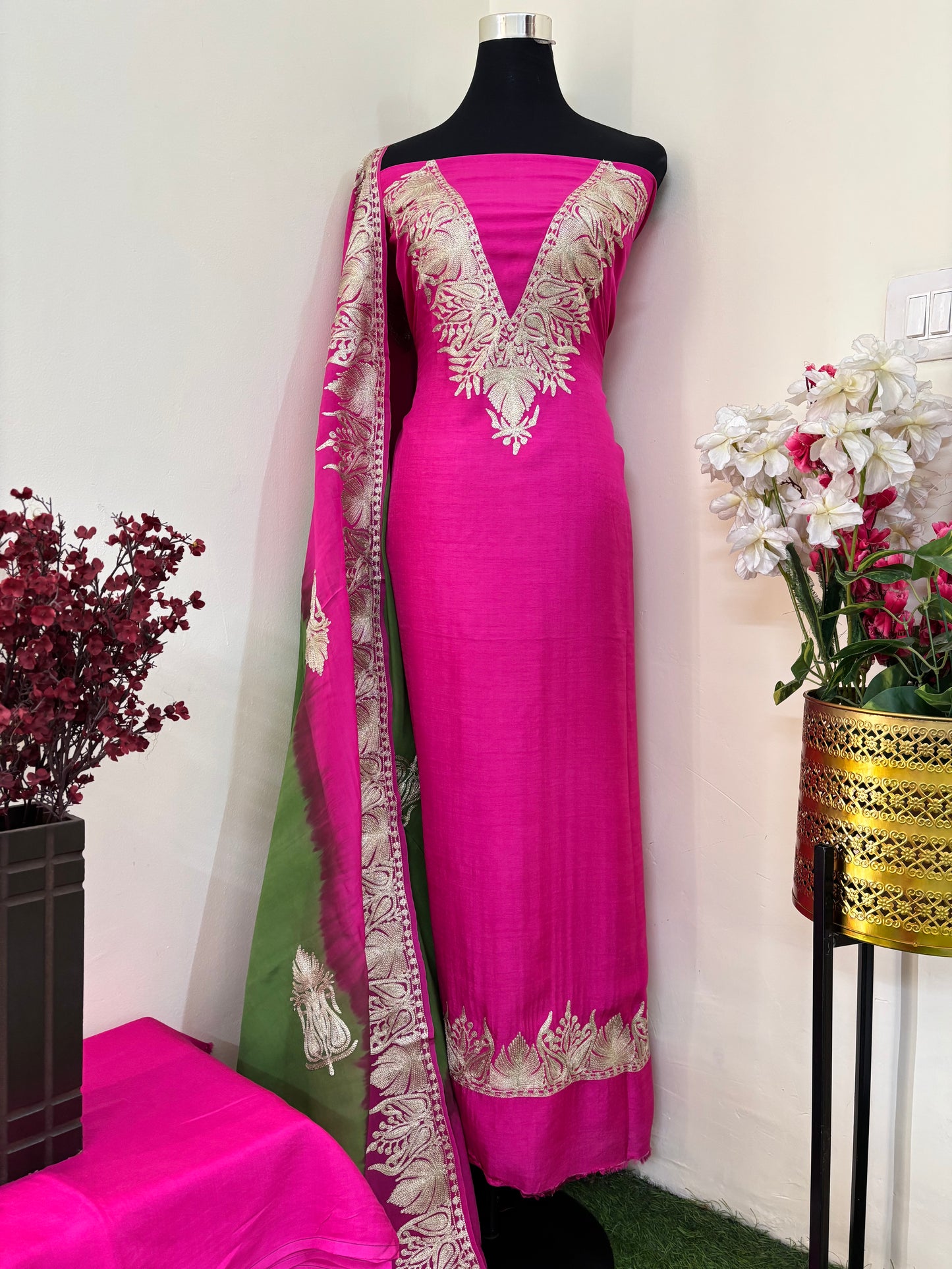 Sanam Hot Pink Silk Kashmiri Suit