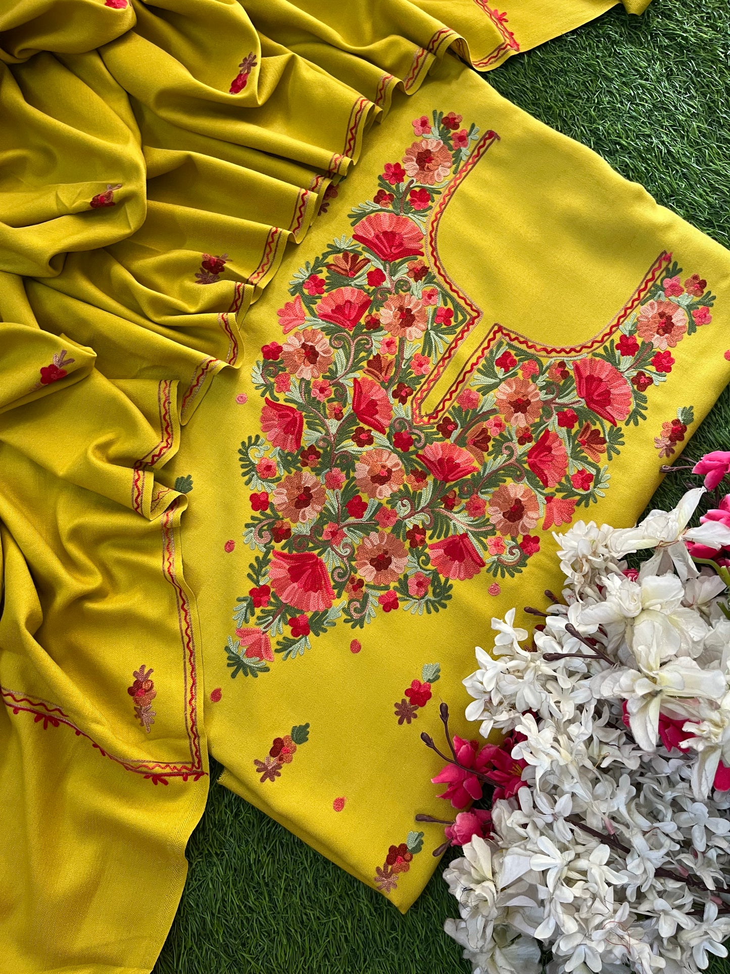 Lemon Green Woollen Aari Embroidered 3pc suit