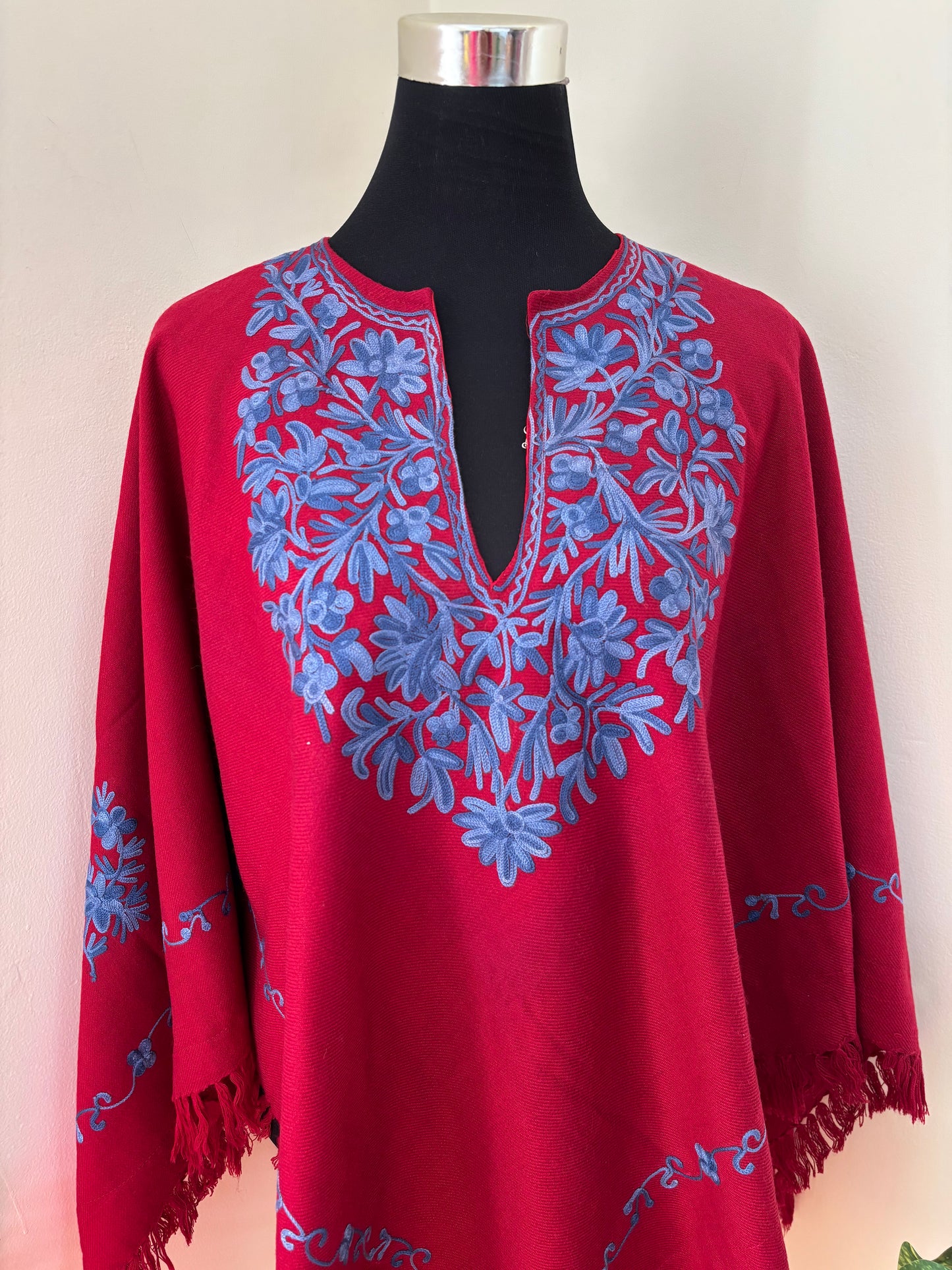 Maroon Aari Embroidered Wool Poncho