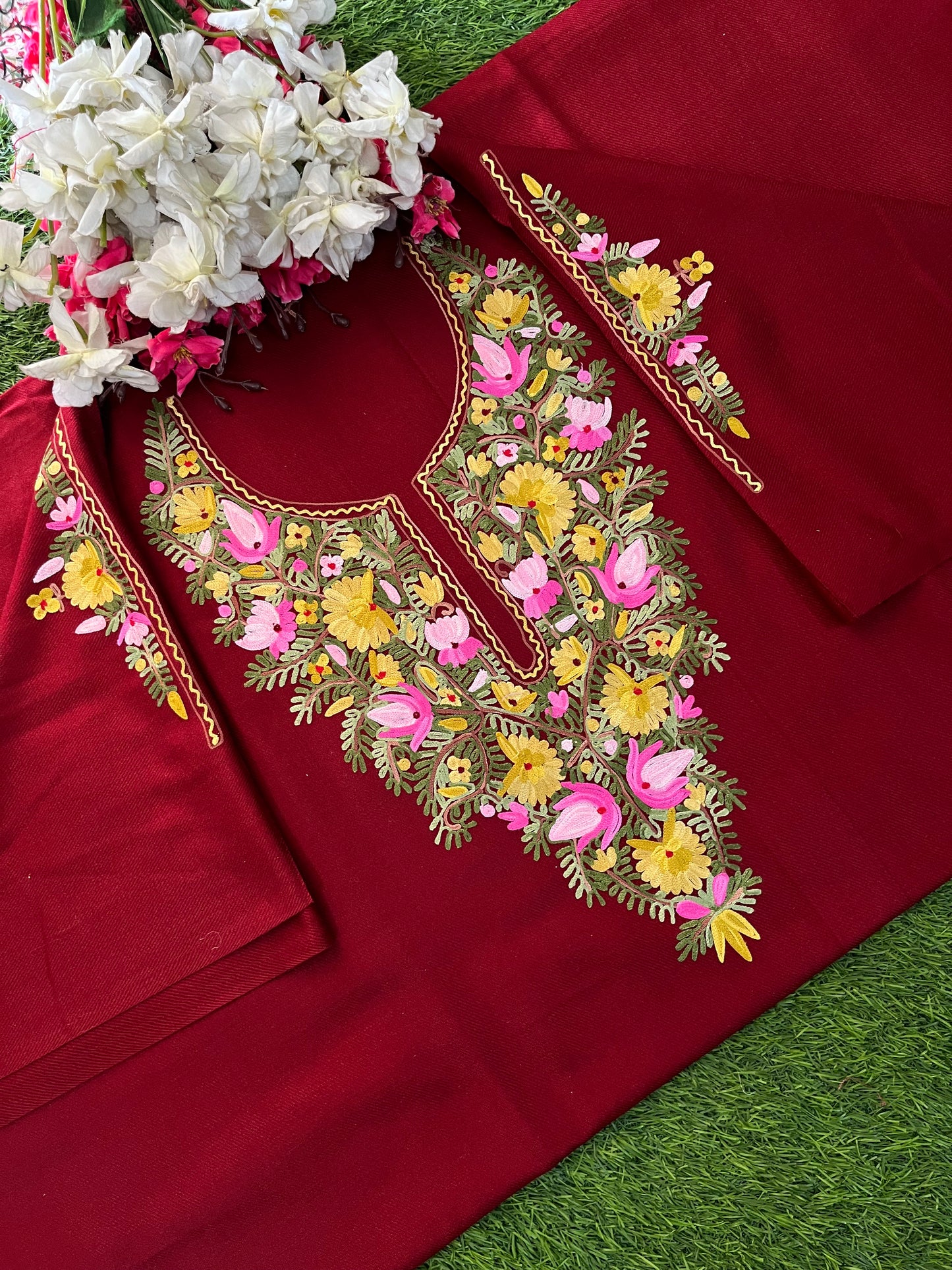 Maroon Woollen Aari Embroidered 2pc suit 5mtr