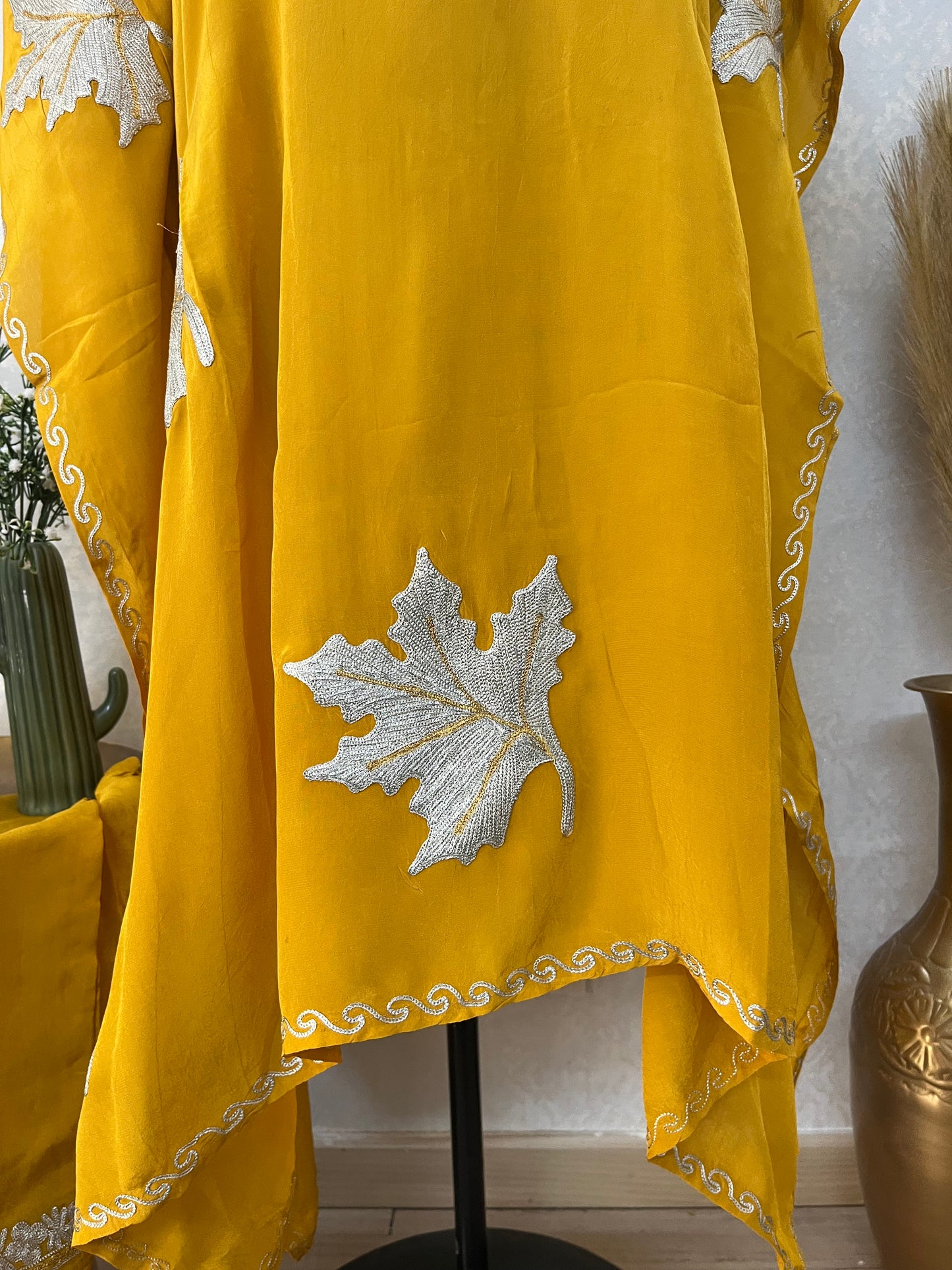 Yellow Crape Kashmiri Kaftan Set
